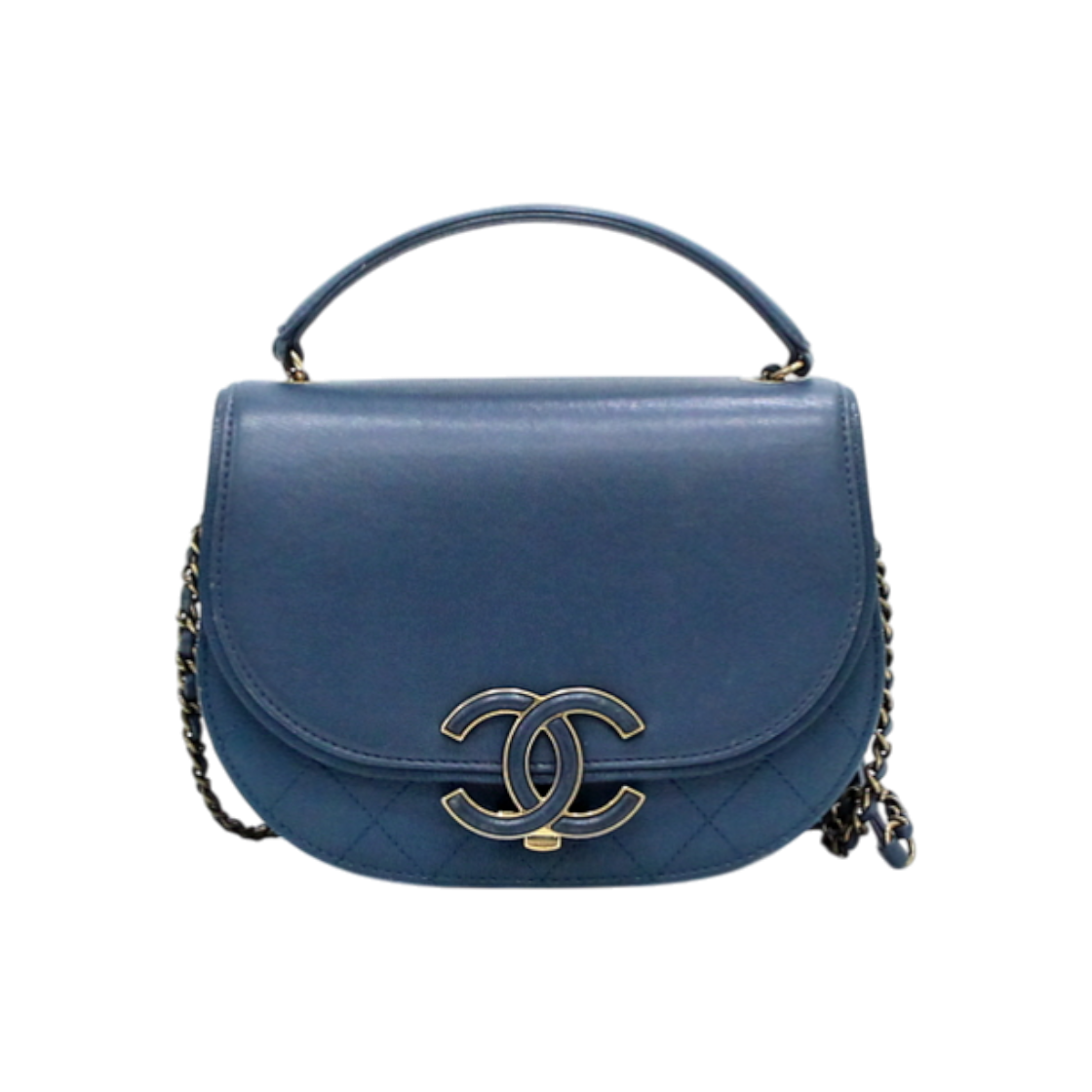 ITIKP8CE2U62 Chanel Blue Leather Small Curved Flap Tote & Shoulder Bag Gold Chain