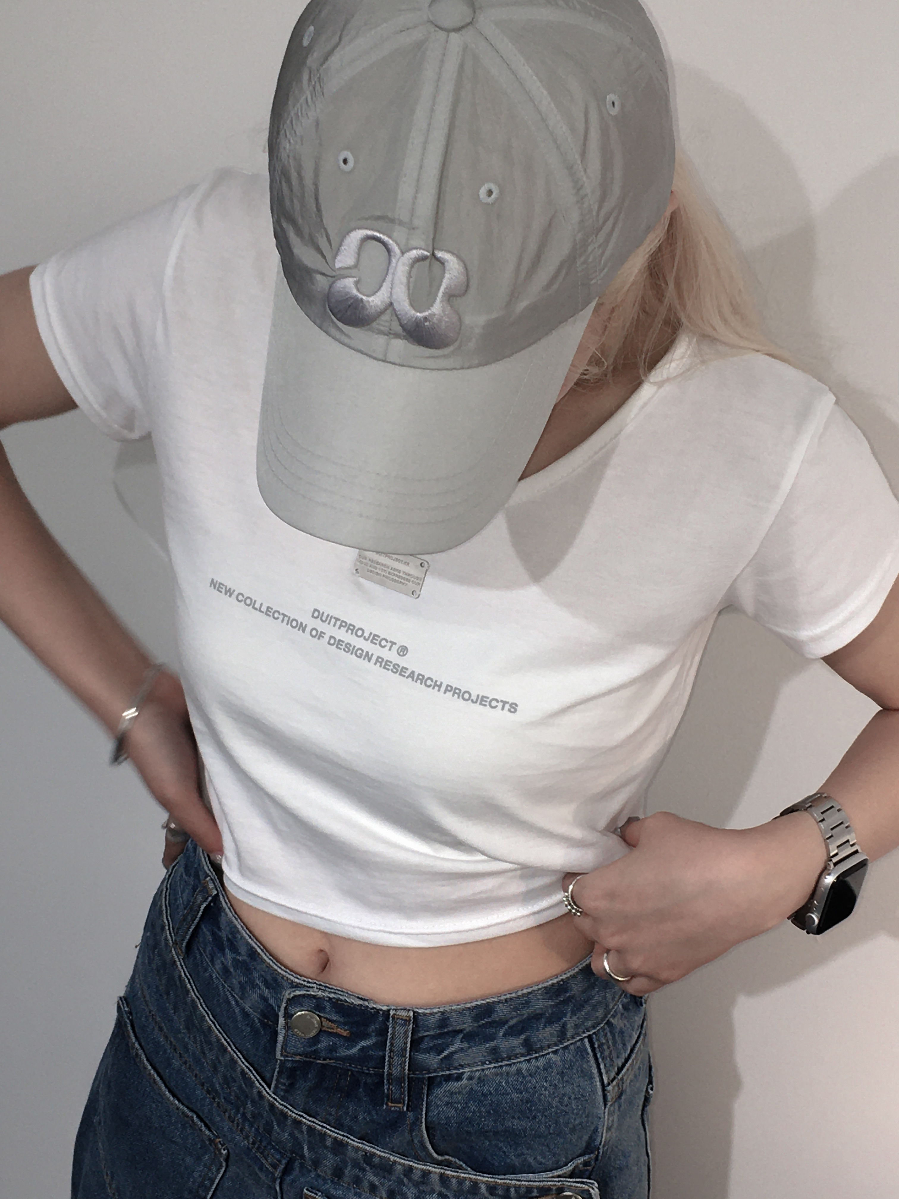 Duitproject DUIT NYLON CAP (Light gray), Duitproject DUIT CROP T (White) 착용 스타일