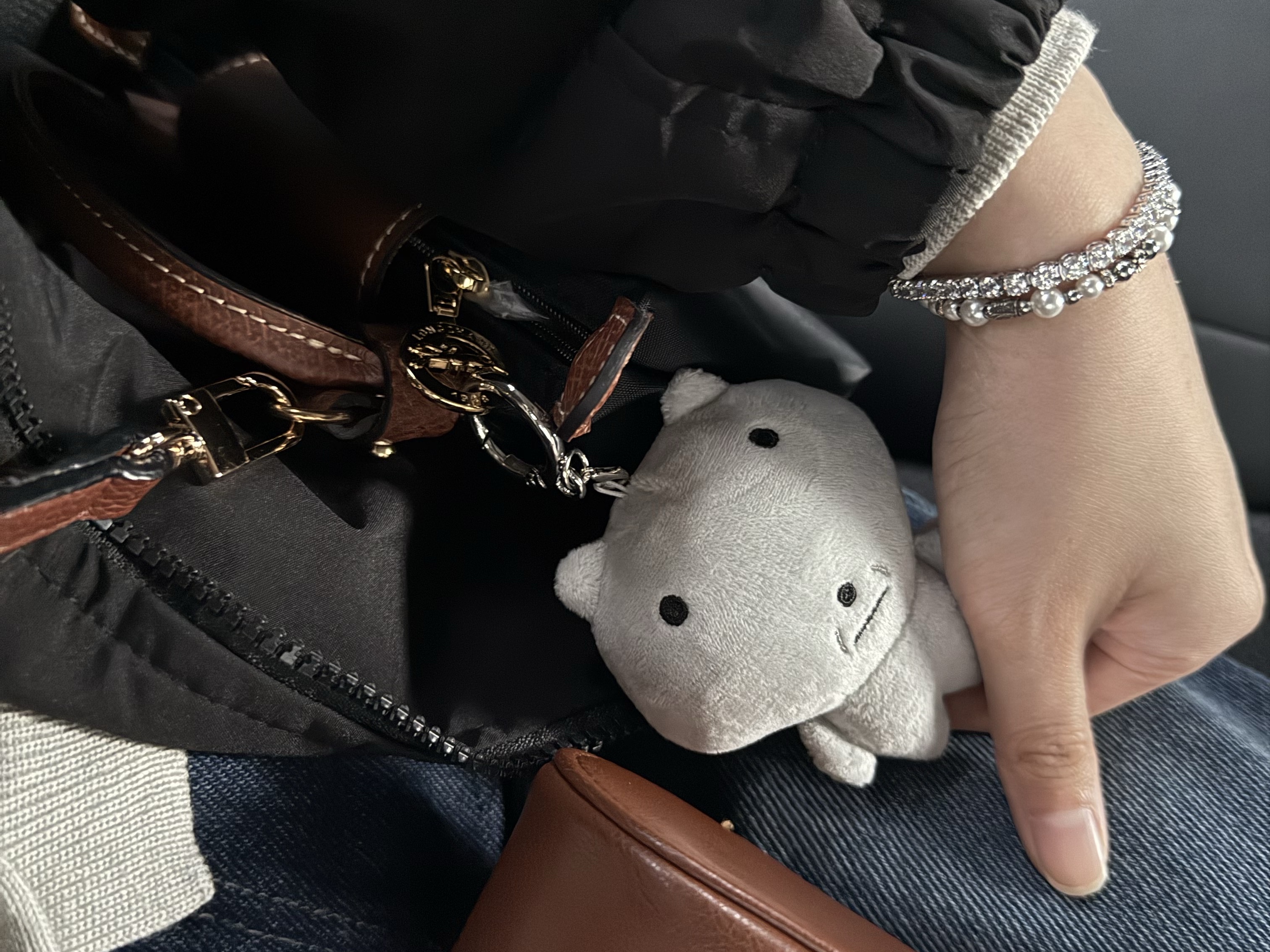 Longchamp Le Pliage Original Handle Pouch Black, Scudo Snow White Ice Pearl Beads Bracelet 착용 스타일 - 2
