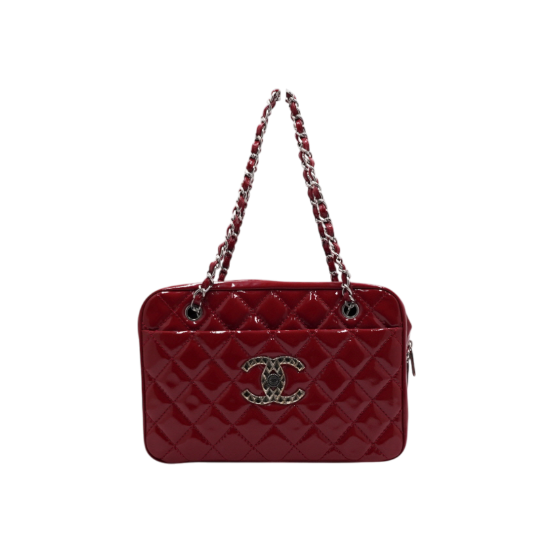 ITPDEPMW7OSM Chanel Red Patent Mademoiselle Bowling Silver Chain Tote & Shoulder Bag