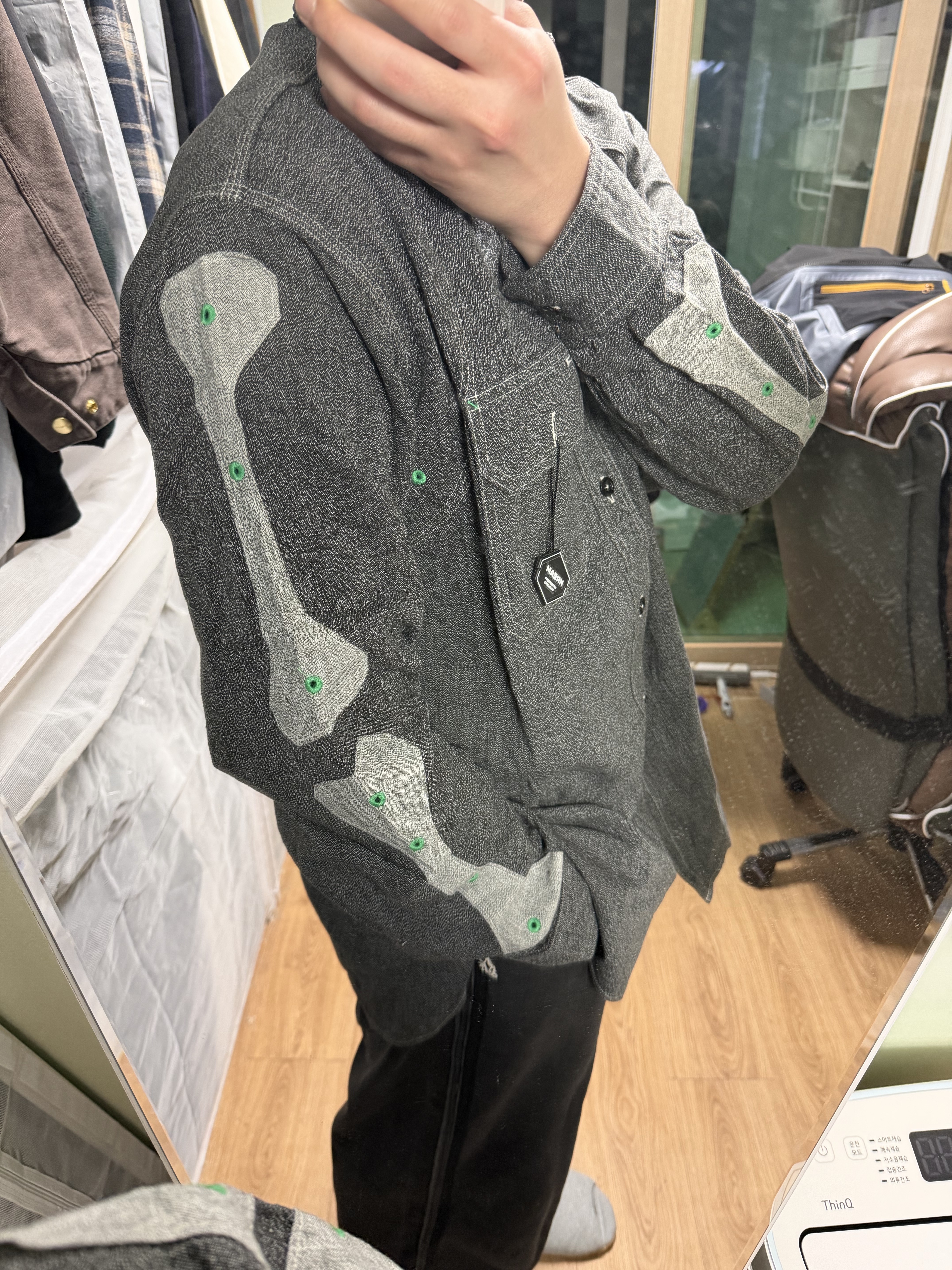 Kapital Heather Chambray 2 Tone Bone Patch Ventilator Work Shirt Charcoal 착용 스타일 - 1