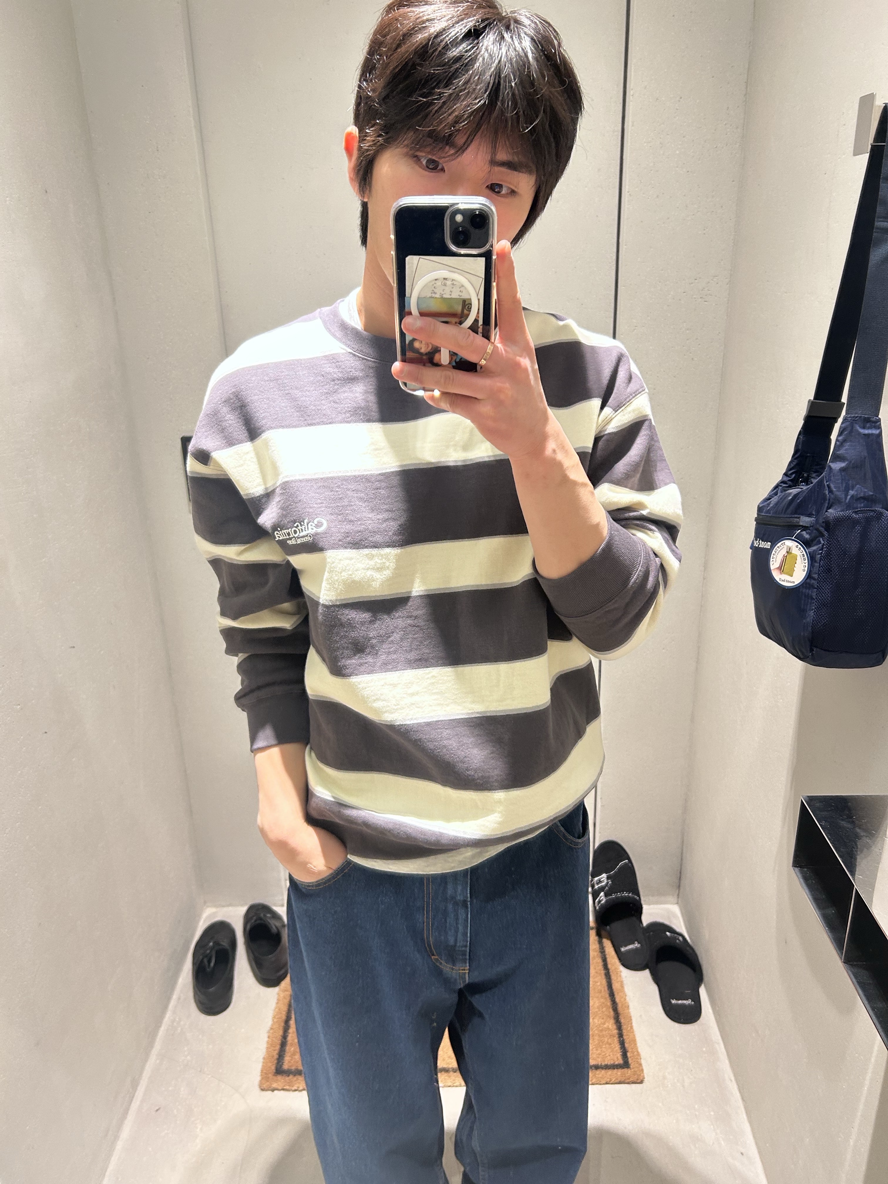 California General Store Organic Border Sweat Crew Dark Gray - 26SS, Clarks Wallabee Black Suede 착용 스타일 - 1