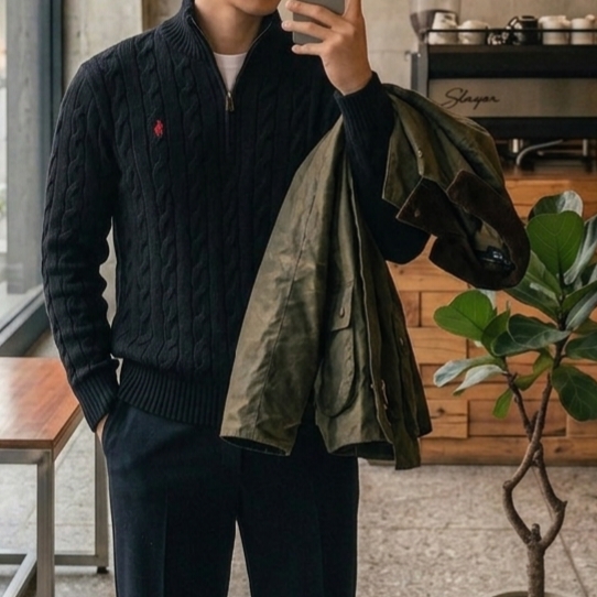 [10%적립] Polo Ralph Lauren Cable Knit Cotton Quarter Zip Sweater Polo Black - 26SS 착용 스타일