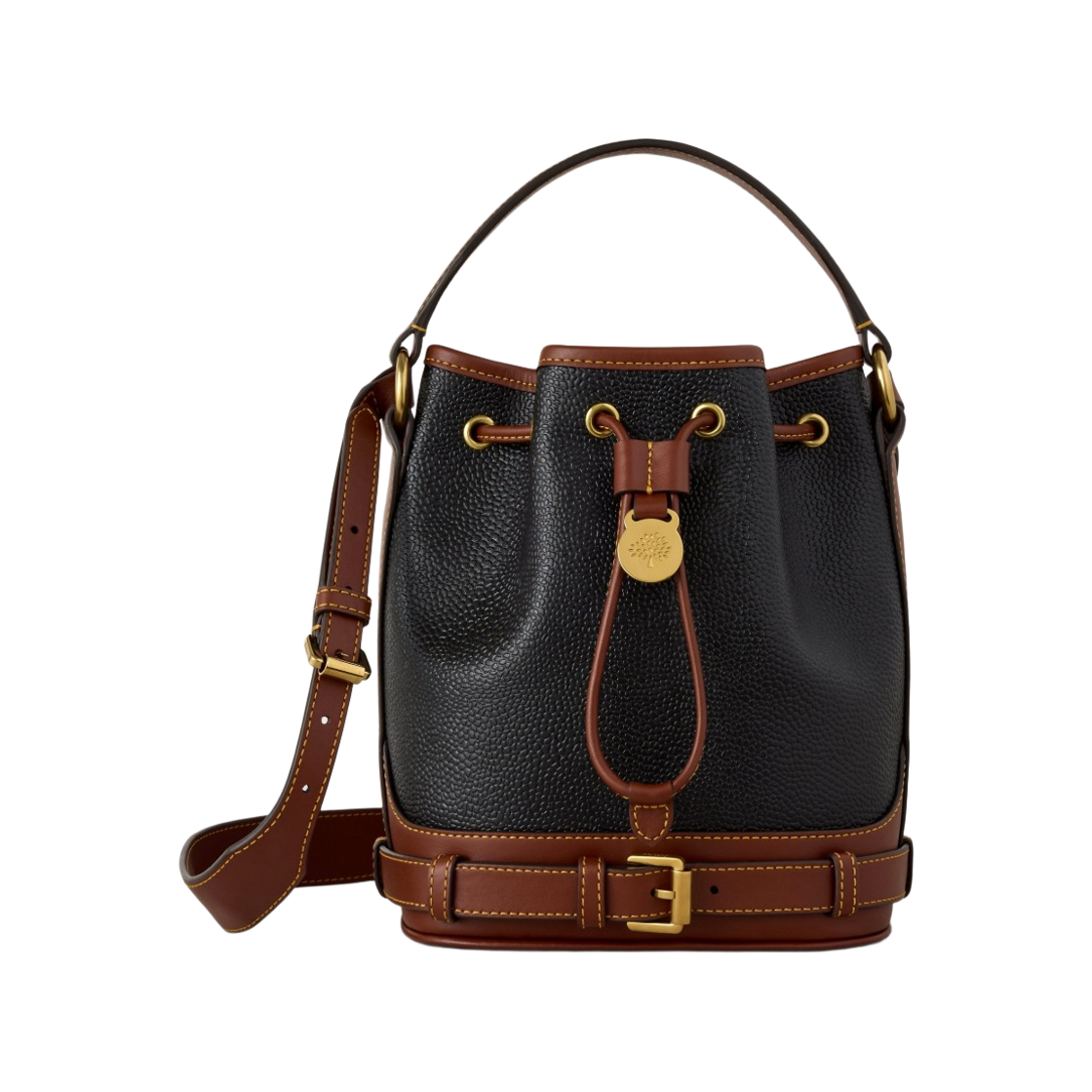 HH0017-127A340 Mulberry Small Scotchgrain Bucket Bag Black Cognac