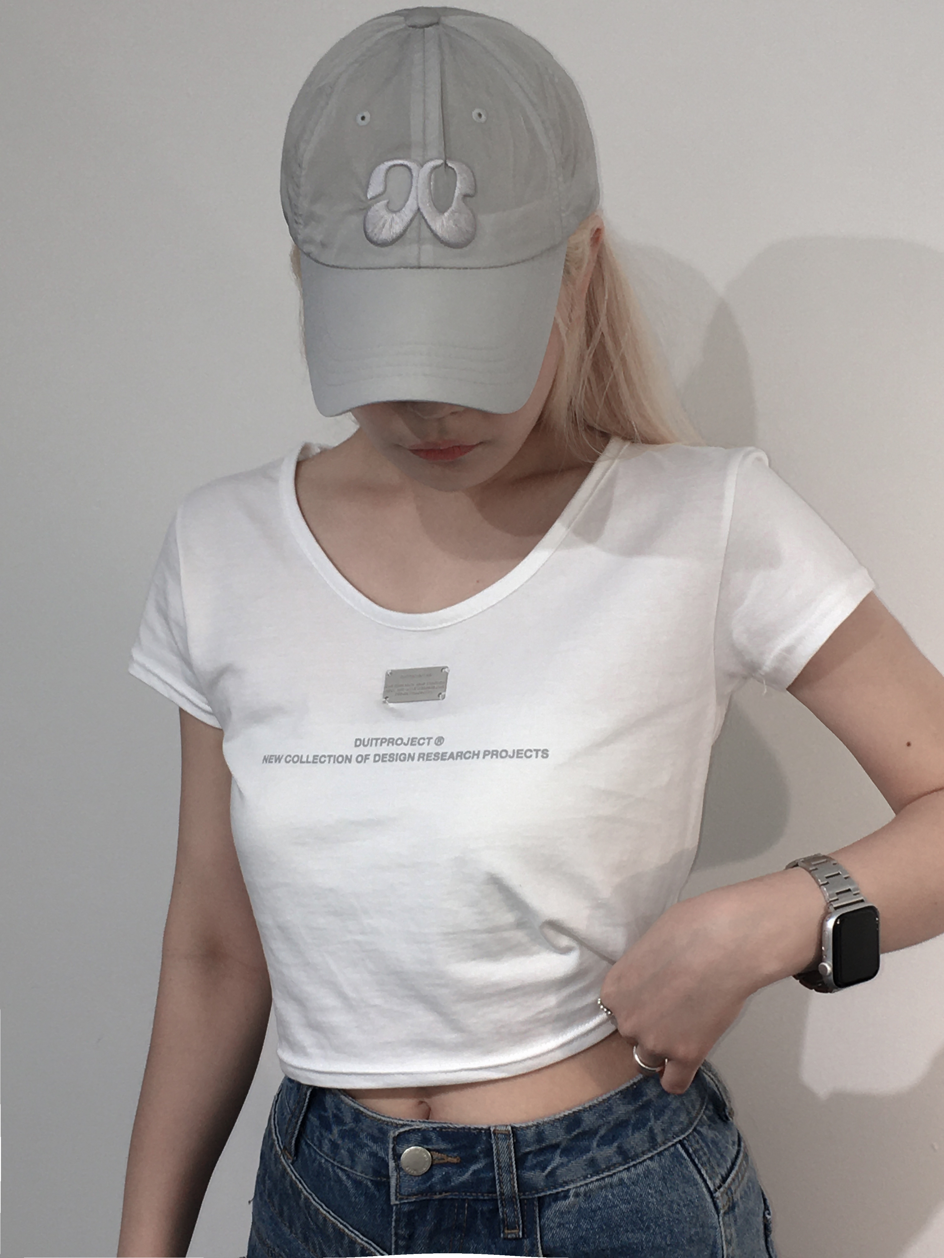 Duitproject DUIT NYLON CAP (Light gray), Duitproject DUIT CROP T (White) 착용 스타일