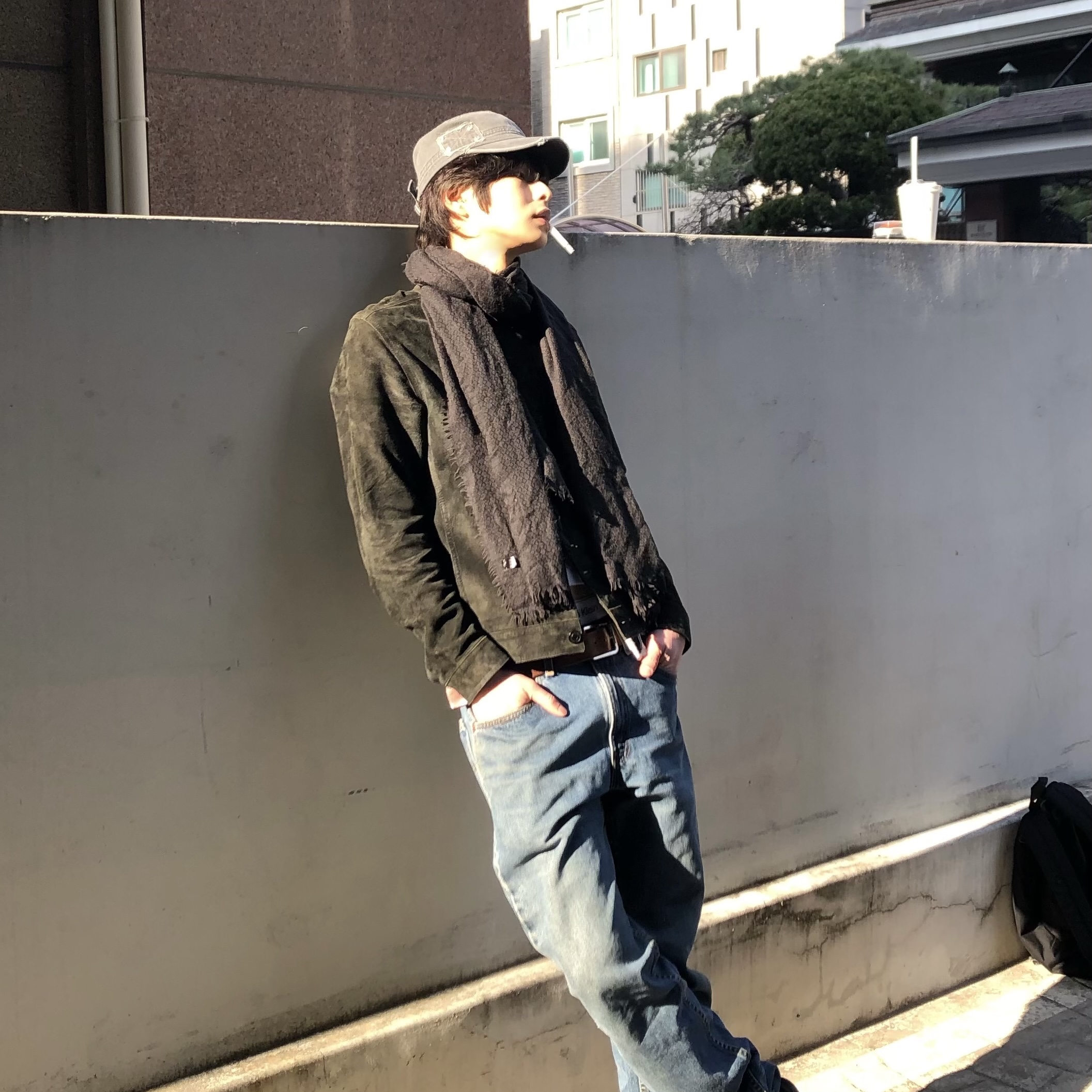 MAINBOOTH Patchwork Military Cap Charcoal 착용 스타일 - 3