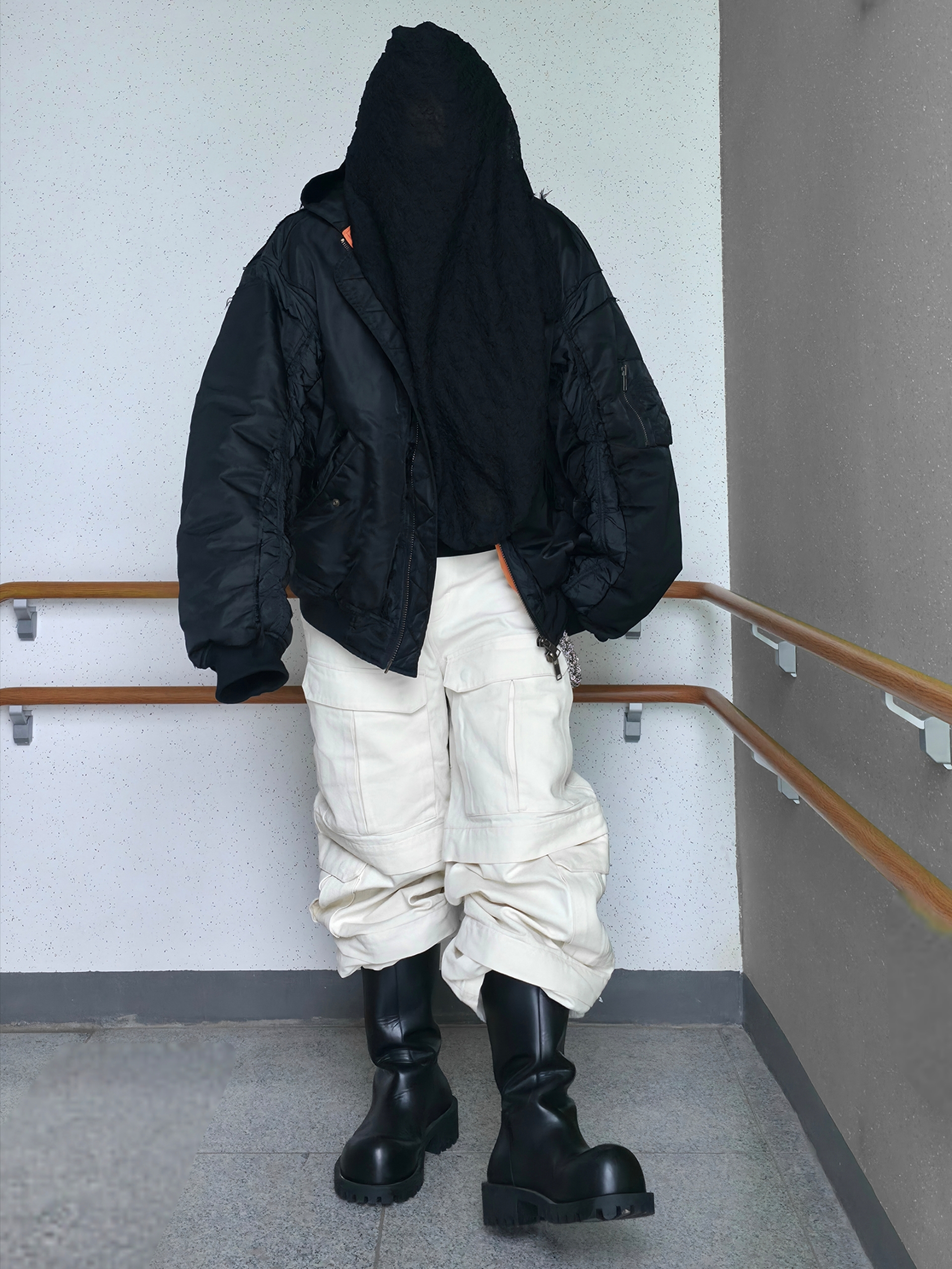 Project G/R Reworked Hooded Bomber Jacket Black, Balenciaga Hummer Boot Black 착용 스타일 - 1