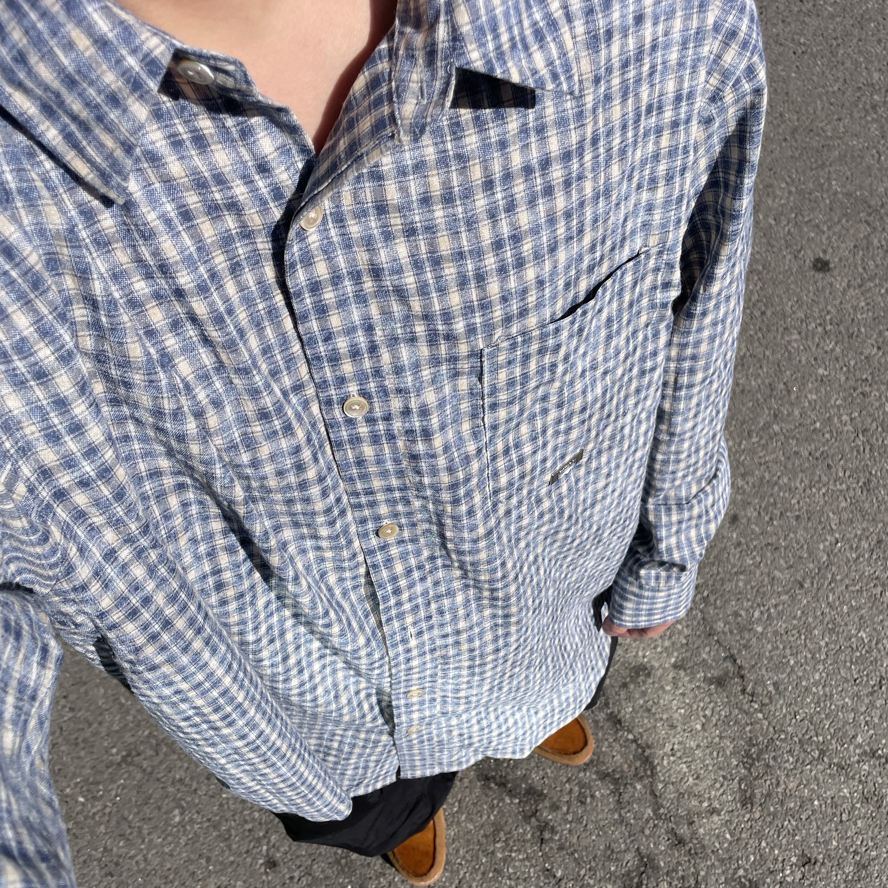 Customellow Oversized Fit Check Shirt Blue 착용 스타일 - 2