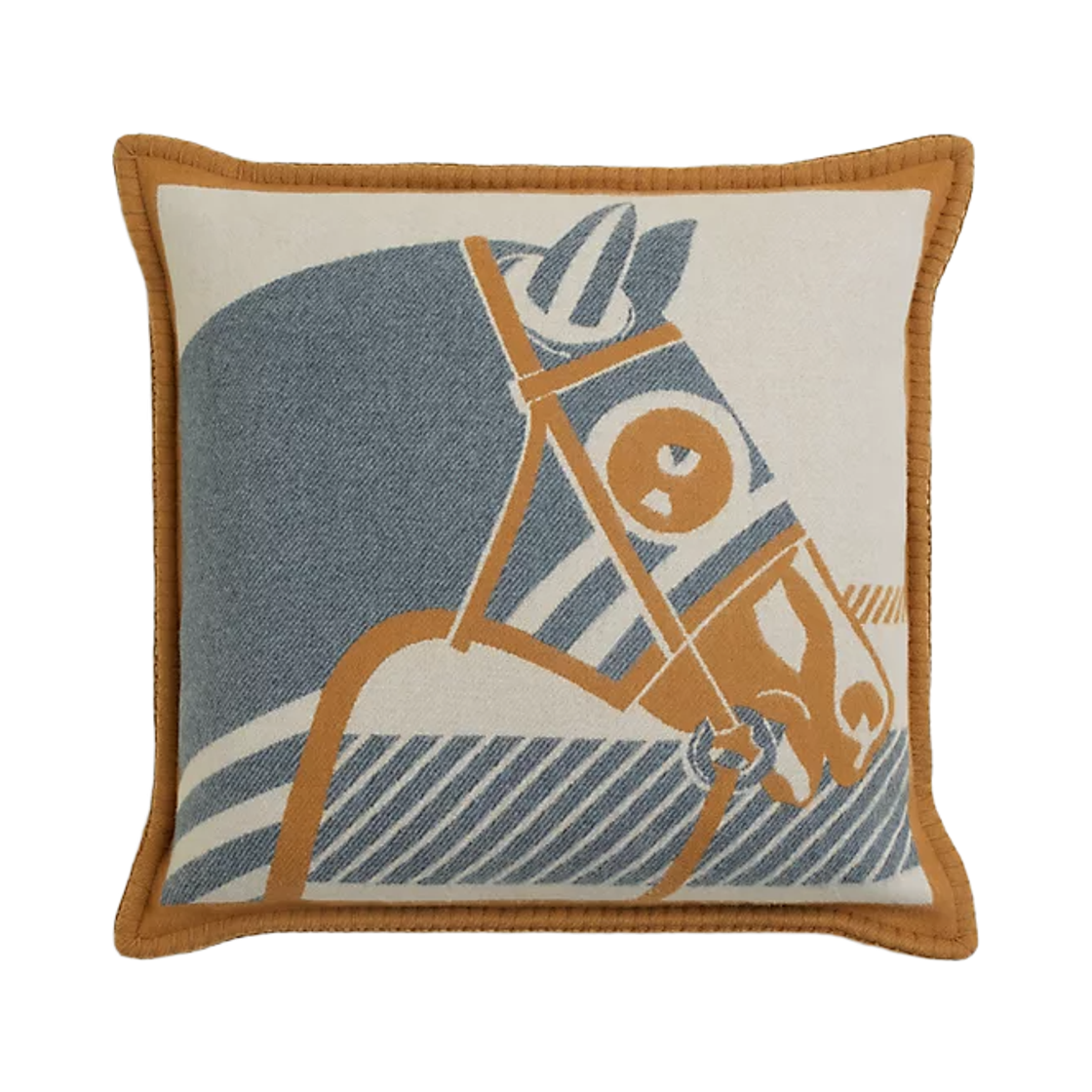 에르메스 슈발 어 라 쿠베르튀르 필로우 자카드 우븐 메리노 울 & 오커 블루(Hermes Cheval A La Couverture Pillow Jacquard Woven Merinos Wool & Ocre Bleu) - 1