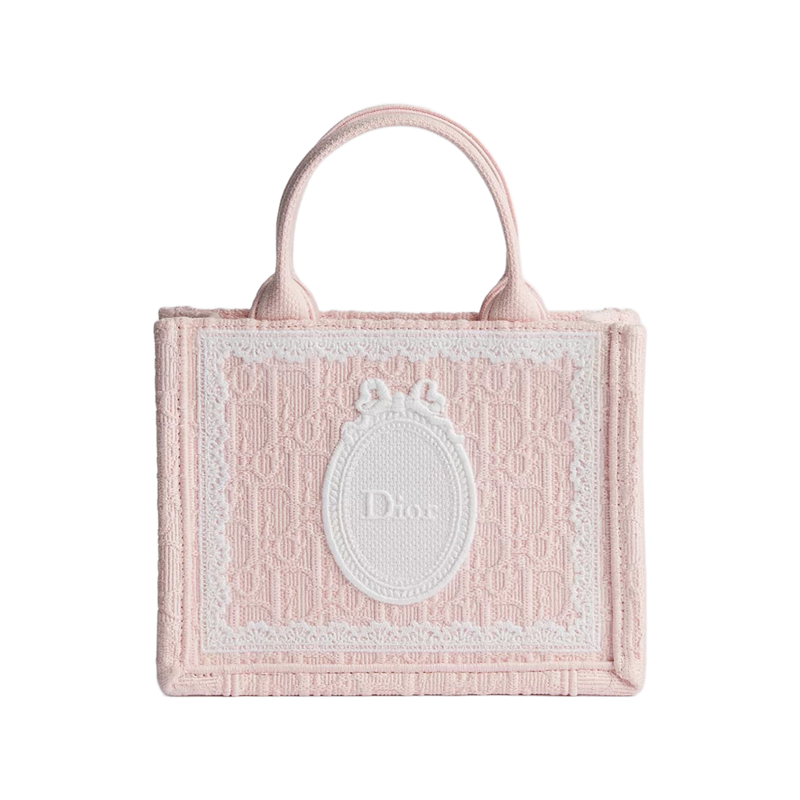 S5584PEHS-M19I Dior Dioramour Mini Book Tote With Strap Dior Oblique Embroidery With Lace And Dior Medaillon Soupir Pink White