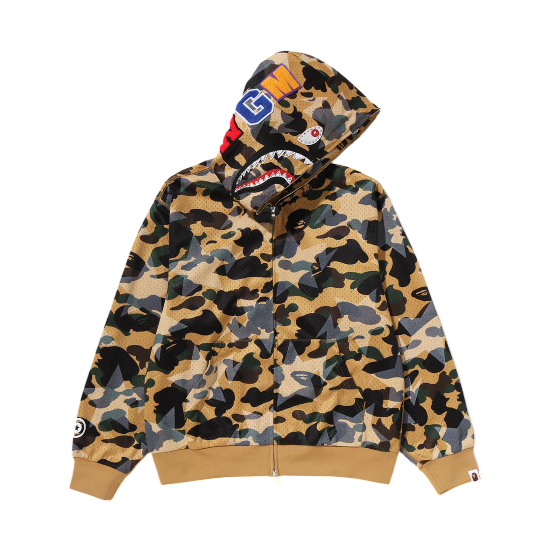 베이프 스타 오버 프린트 퍼스트 카모 메쉬 샤크 크롭 핏 풀 집 후드 옐로우(BAPE Sta Over Print 1st Camo Mesh Shark Cropped Fit Full Zip Hoodie Yellow) - 1