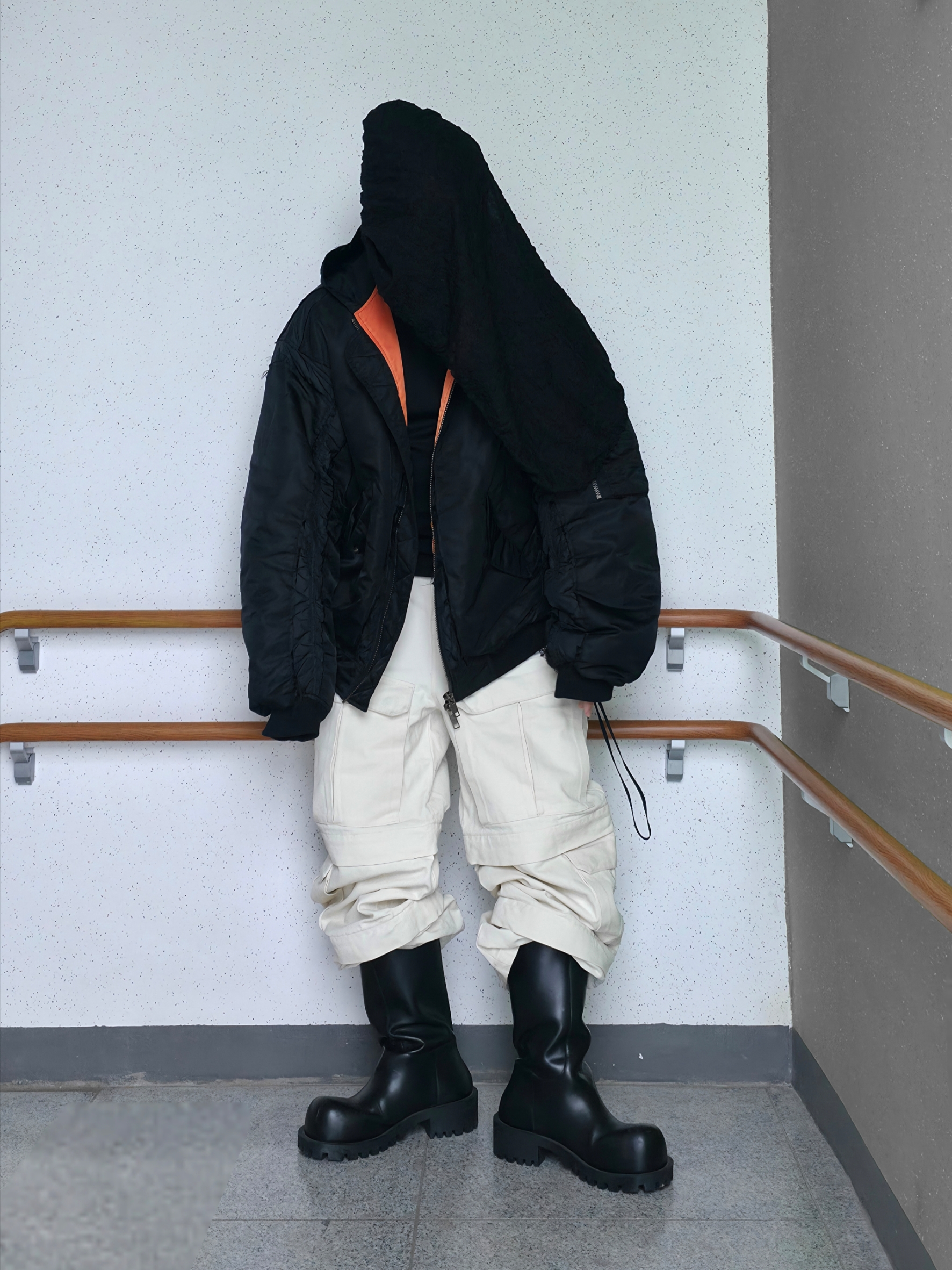 Project G/R Reworked Hooded Bomber Jacket Black, Balenciaga Hummer Boot Black 착용 스타일 - 3