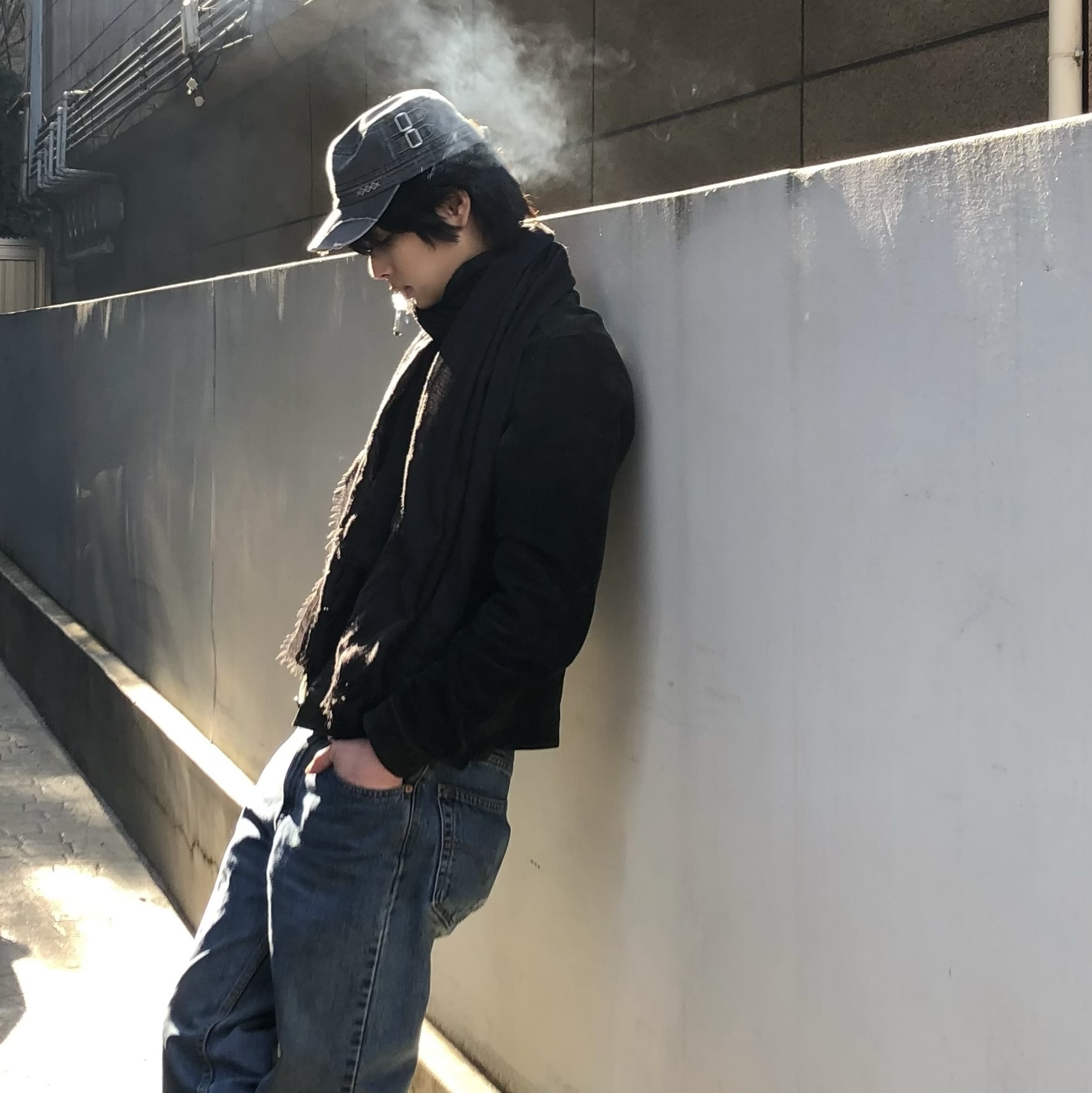 MAINBOOTH Patchwork Military Cap Charcoal 착용 스타일 - 4