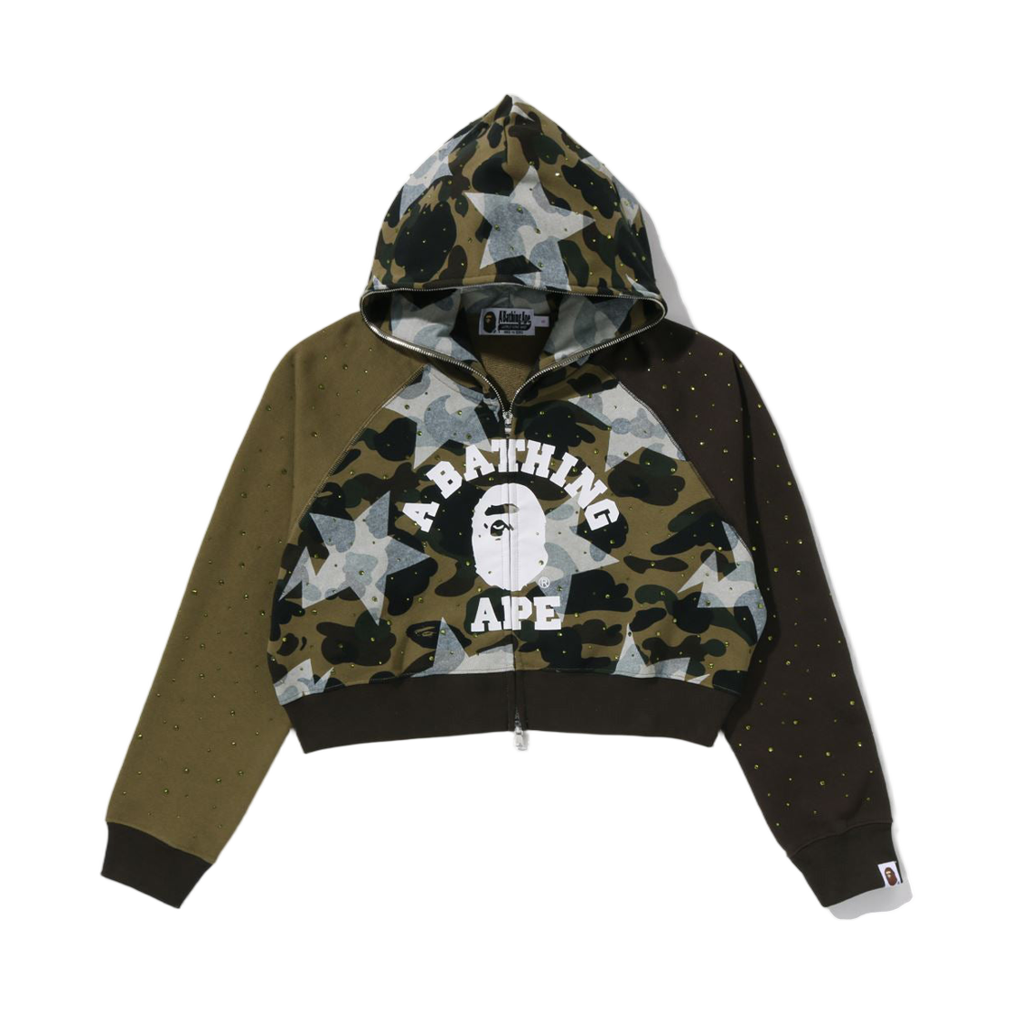 (W) 베이프 스타 오버 프린트 퍼스트 카모 크리스탈 스톤 컬리지 풀 집 후드 그린((W) BAPE Sta Over Print 1st Camo Crystal Stone College Full Zip Hoodie Green)
