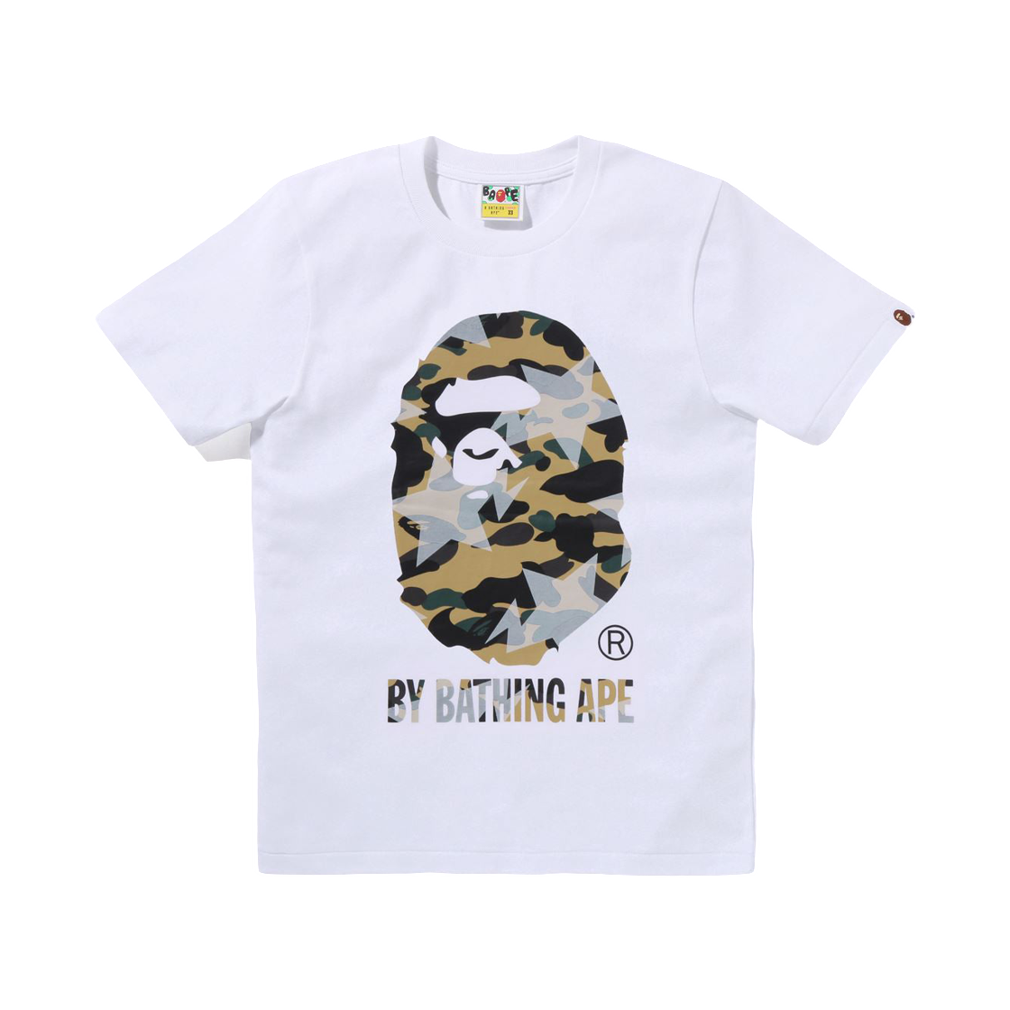 (W) 베이프 스타 오버 프린트 퍼스트 카모 바이 베이싱 에이프 티셔츠 화이트 옐로우((W) BAPE Sta Over Print 1st Camo By Bathing Ape T-Shirt White Yellow) - 1