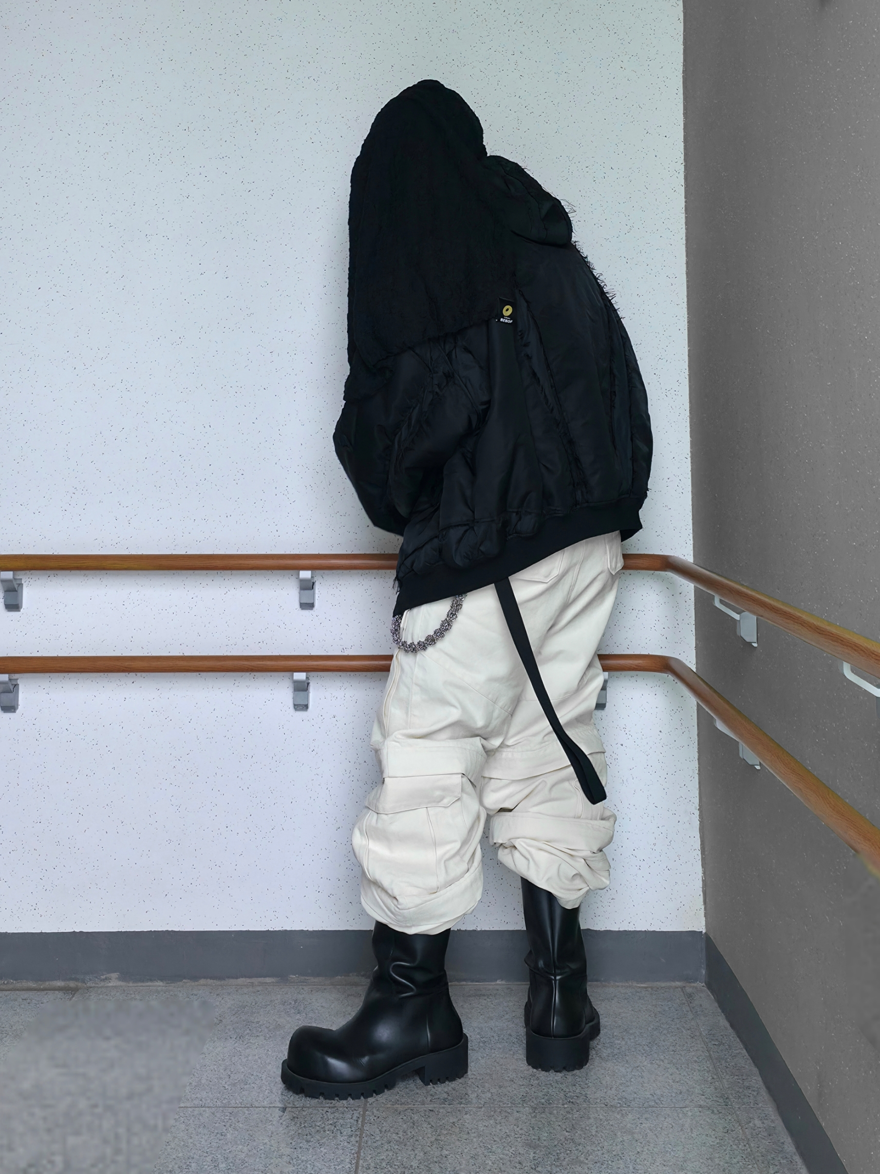 Project G/R Reworked Hooded Bomber Jacket Black, Balenciaga Hummer Boot Black 착용 스타일 - 7