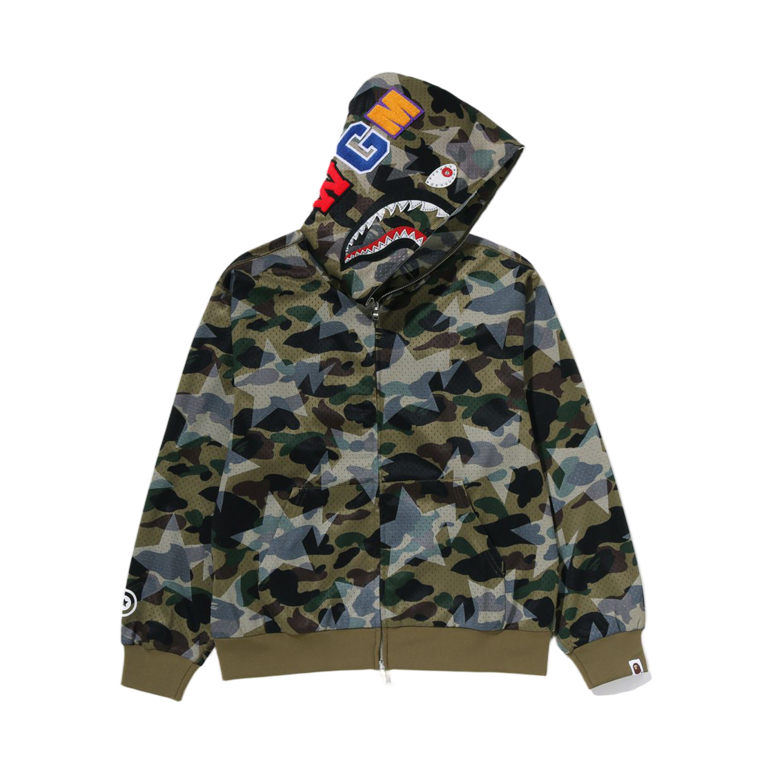 베이프 스타 오버 프린트 퍼스트 카모 메쉬 샤크 크롭 핏 풀 집 후드 그린(BAPE Sta Over Print 1st Camo Mesh Shark Cropped Fit Full Zip Hoodie Green) - 1