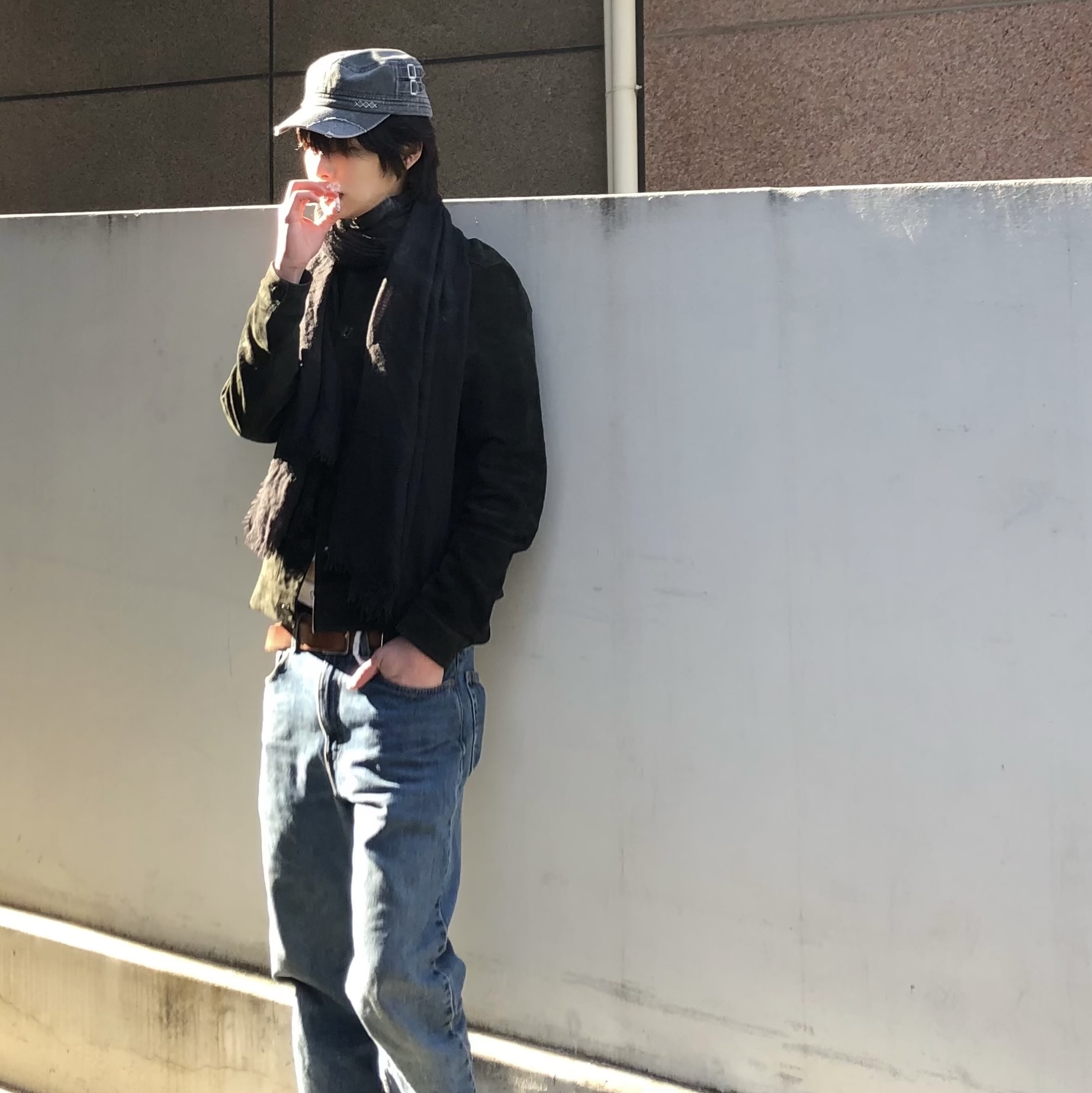 MAINBOOTH Patchwork Military Cap Charcoal 착용 스타일 - 5