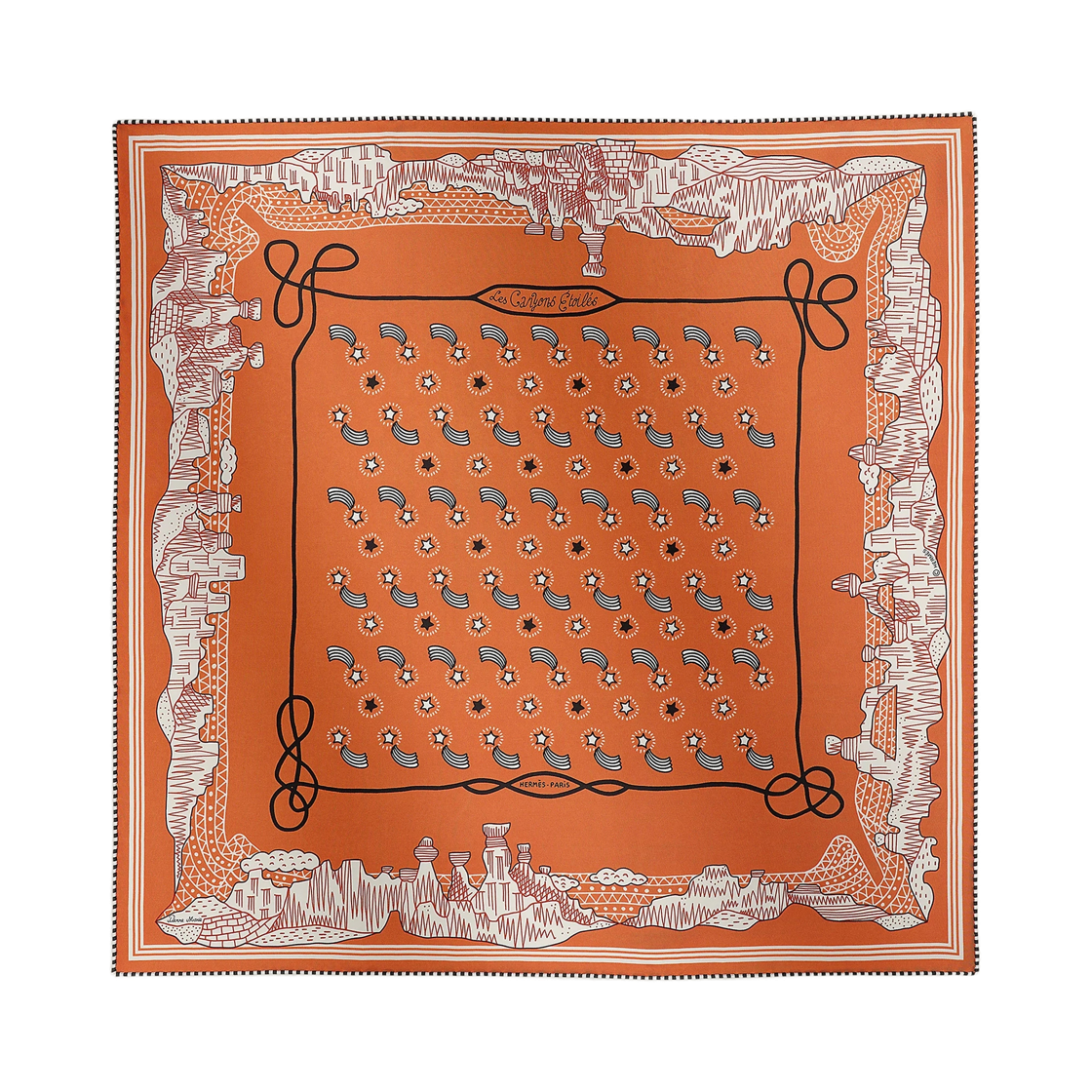 H042856S24 (W) Hermes Les Canyons Etoiles Bandana 55 Silk Twill & Orange Brule Blanc Noir