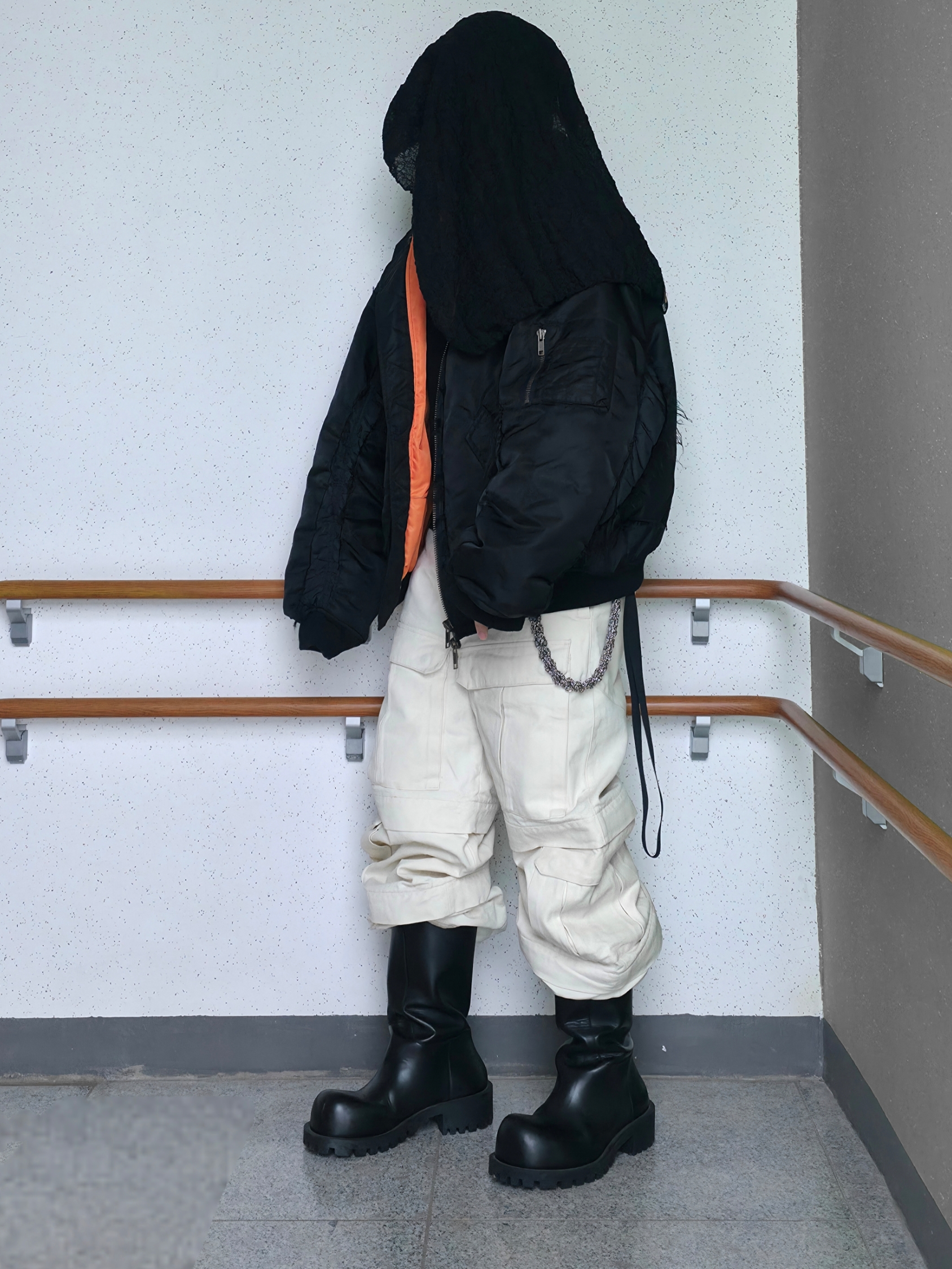 Project G/R Reworked Hooded Bomber Jacket Black, Balenciaga Hummer Boot Black 착용 스타일 - 4