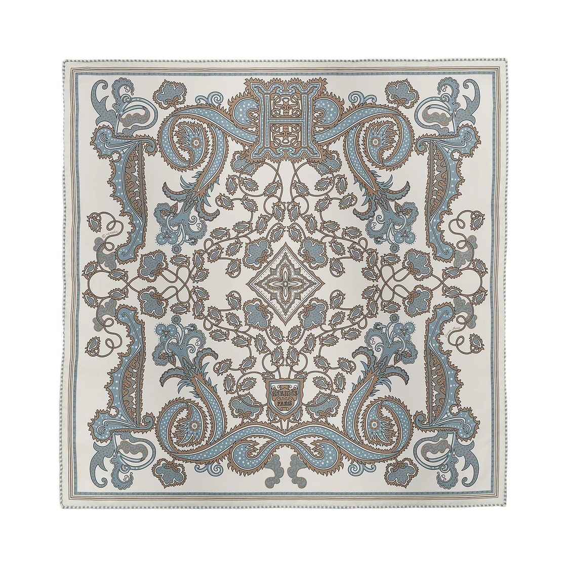 H044260S06 (W) Hermes H Enlumine Bandana 55 Silk Twill & Blanc Gris Bleute Etoupe