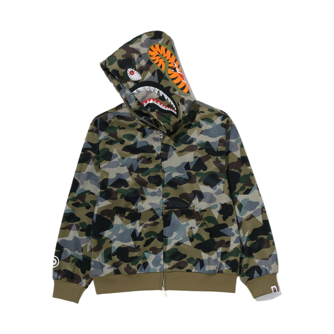 베이프 스타 오버 프린트 퍼스트 카모 메쉬 샤크 크롭 핏 풀 집 후드 그린(BAPE Sta Over Print 1st Camo Mesh Shark Cropped Fit Full Zip Hoodie Green) - 2