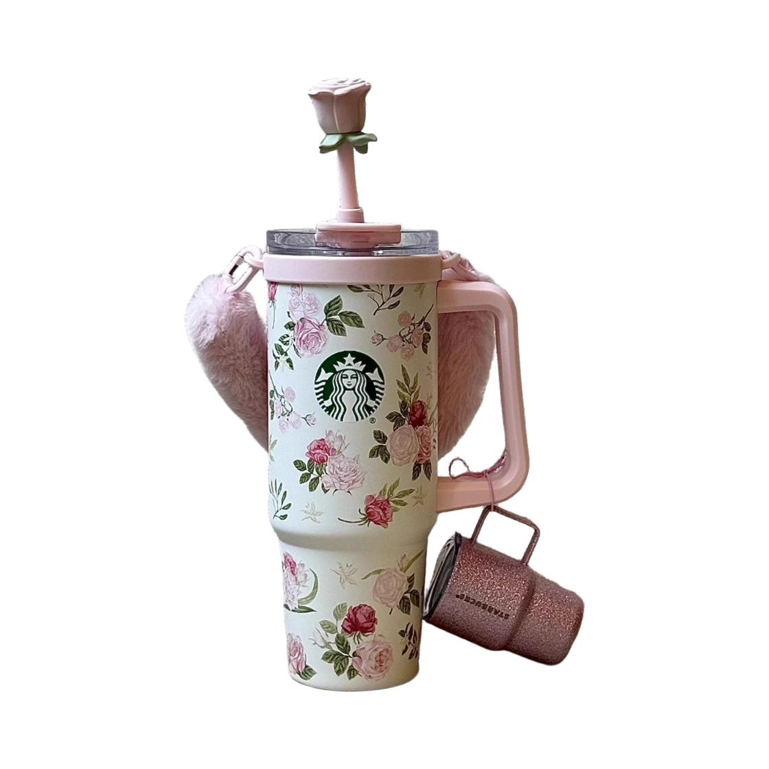 - Starbucks China 2026 Cherry Blossom Rose Garden SS Straw & Fur Strap & Mini Cup Charm Set Quencher Tumbler 900ml
