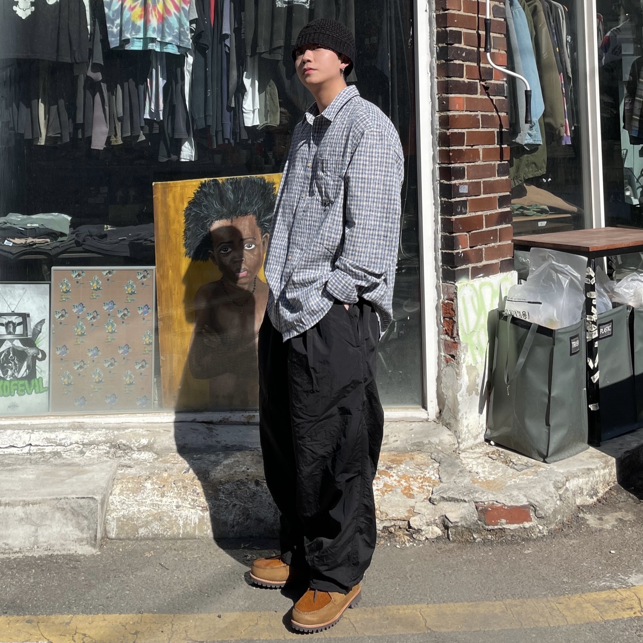 Customellow Oversized Fit Check Shirt Blue 착용 스타일 - 1