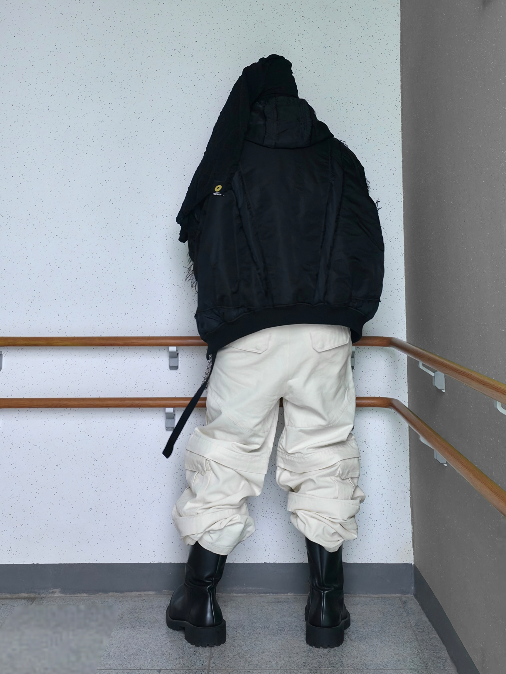 Project G/R Reworked Hooded Bomber Jacket Black, Balenciaga Hummer Boot Black 착용 스타일 - 8
