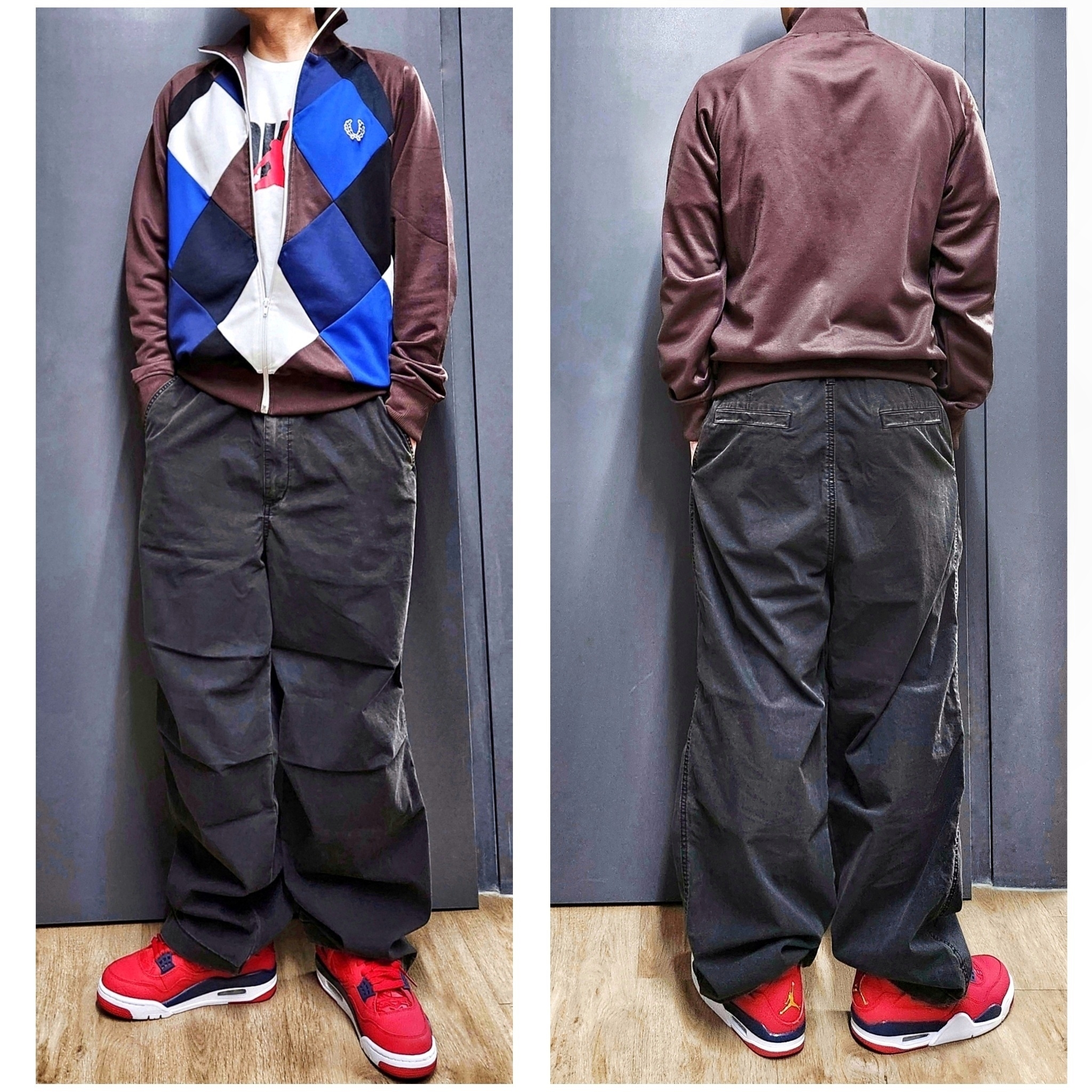 Fred Perry Argyle Track Jacket Oxblood, Jordan 4 Retro Fiba 2019 착용 스타일 - 3