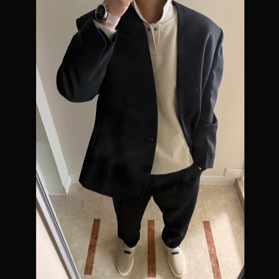 Fear of God Canvas Espadrille Latte, Fear of God Fleece Polo Cement 착용 스타일