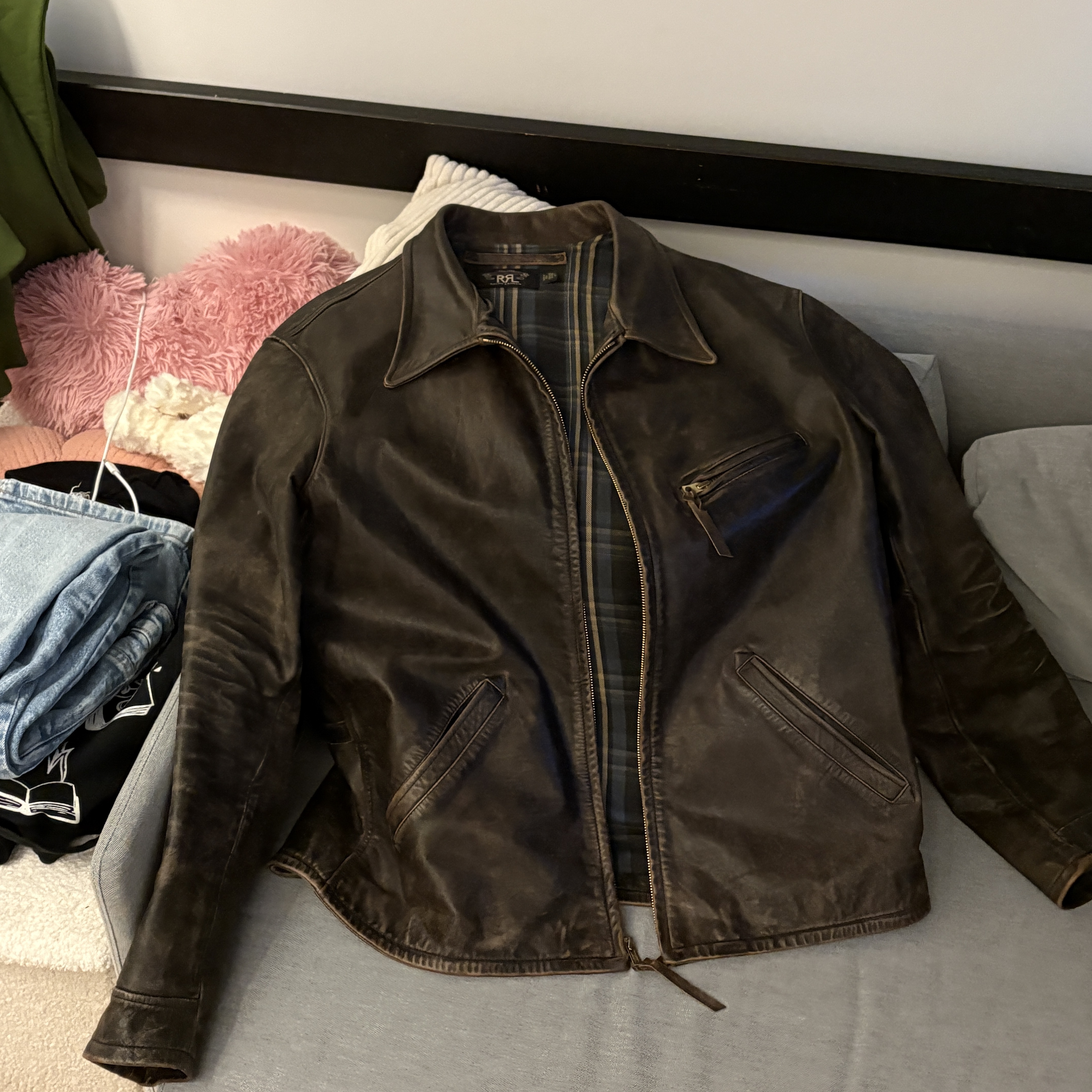 Double RL Leather Jacket Black Over Brown 착용 스타일 - 2