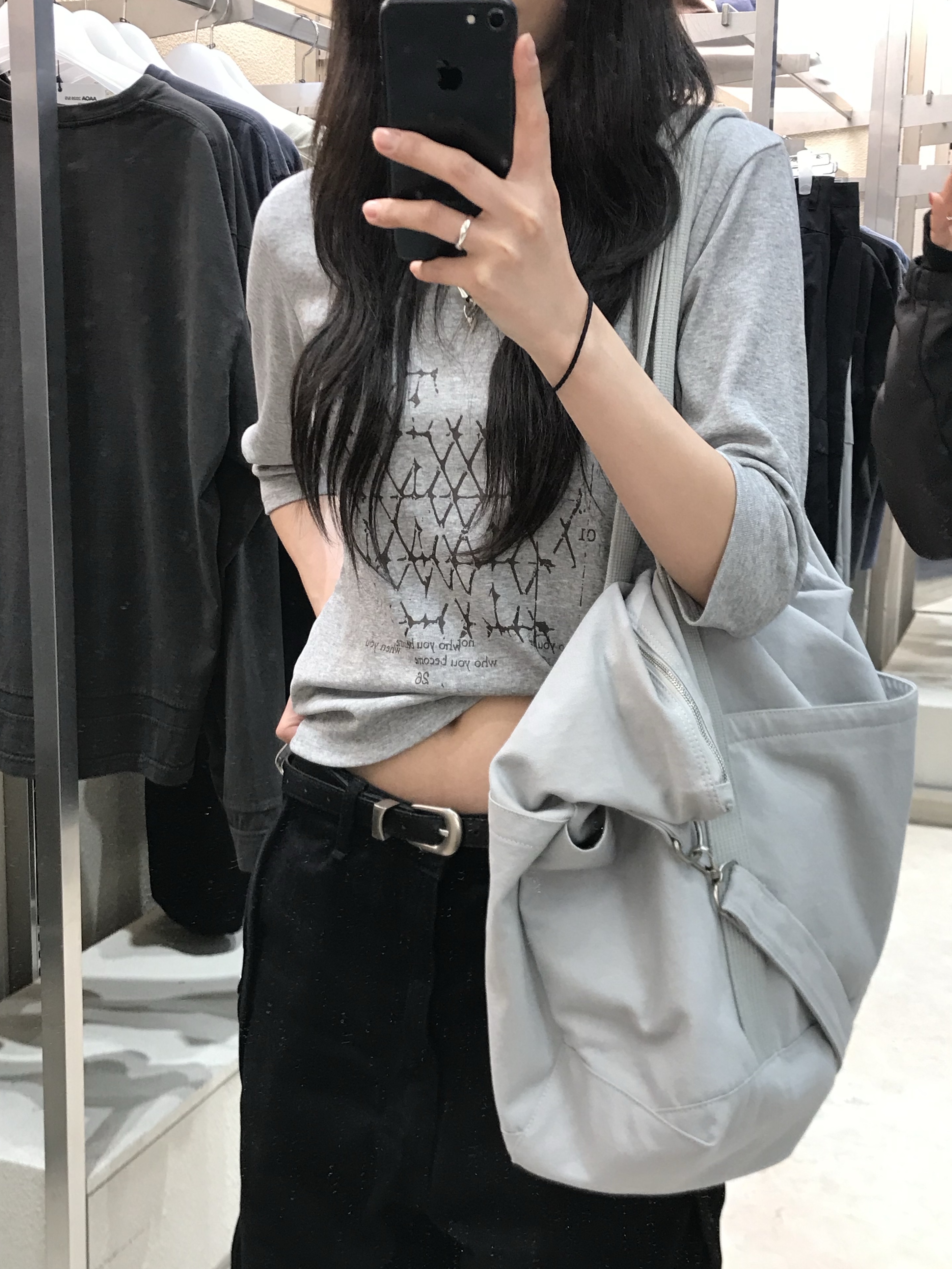 Sansan Gear Lattice T-Shirt Melange Grey, Sansan Gear Cotton Wave Pants Black 착용 스타일
