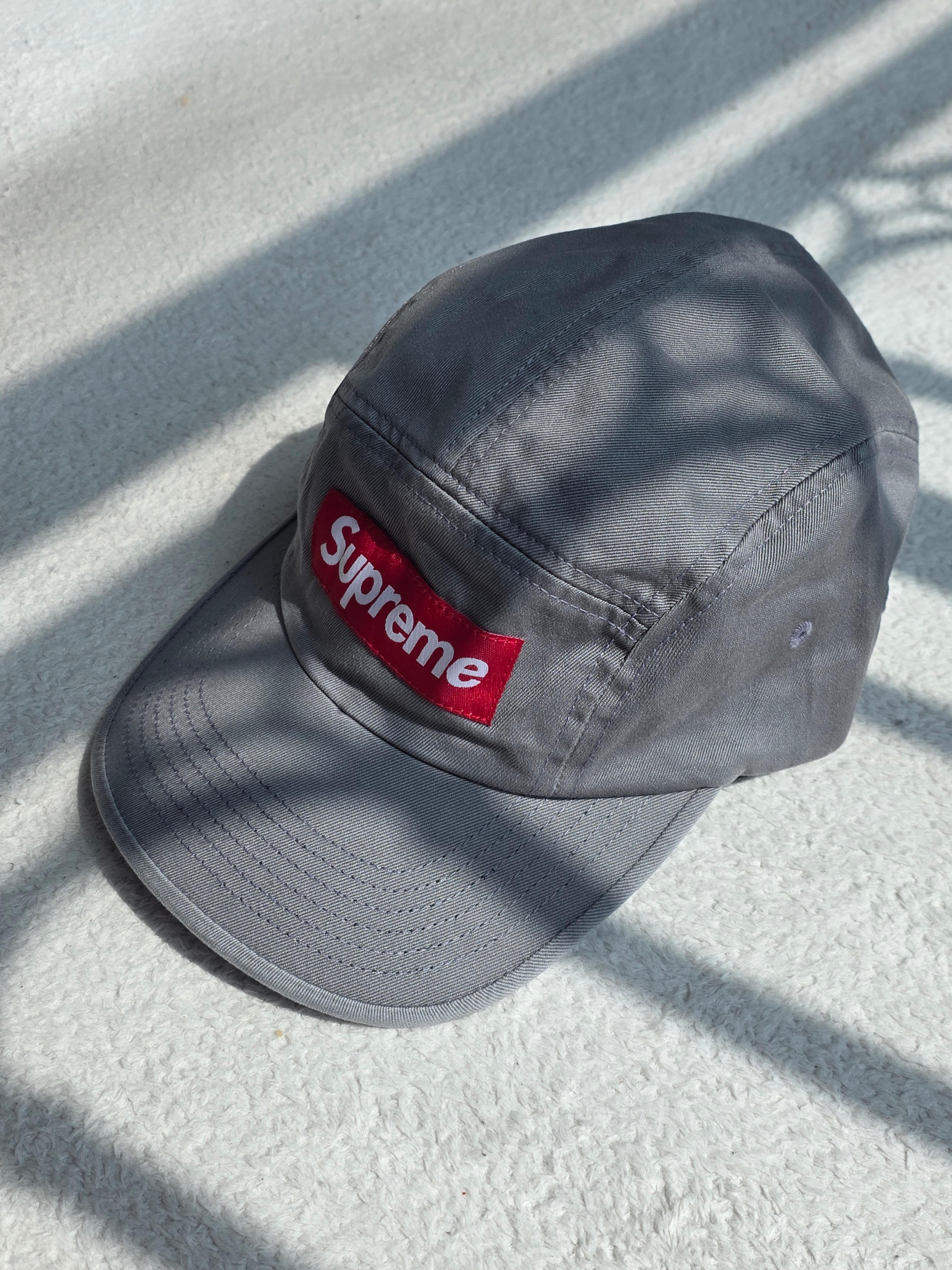 Supreme Washed Chino Twill Camp Cap Grey - 26SS 착용 스타일