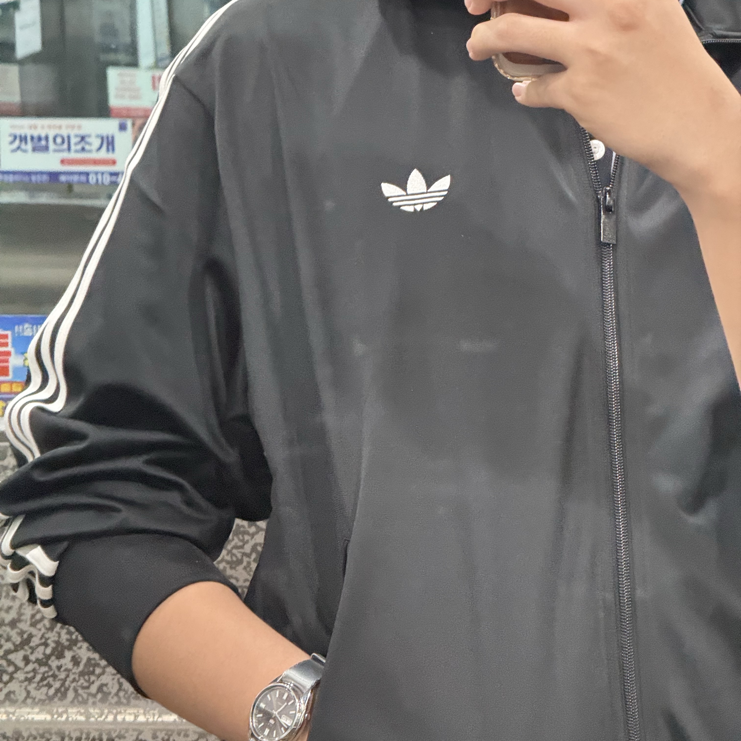 Adidas Originals Firebird Track Top Black - KR Sizing, Seiko SNXS79K1 37mm Black 착용 스타일 - 3