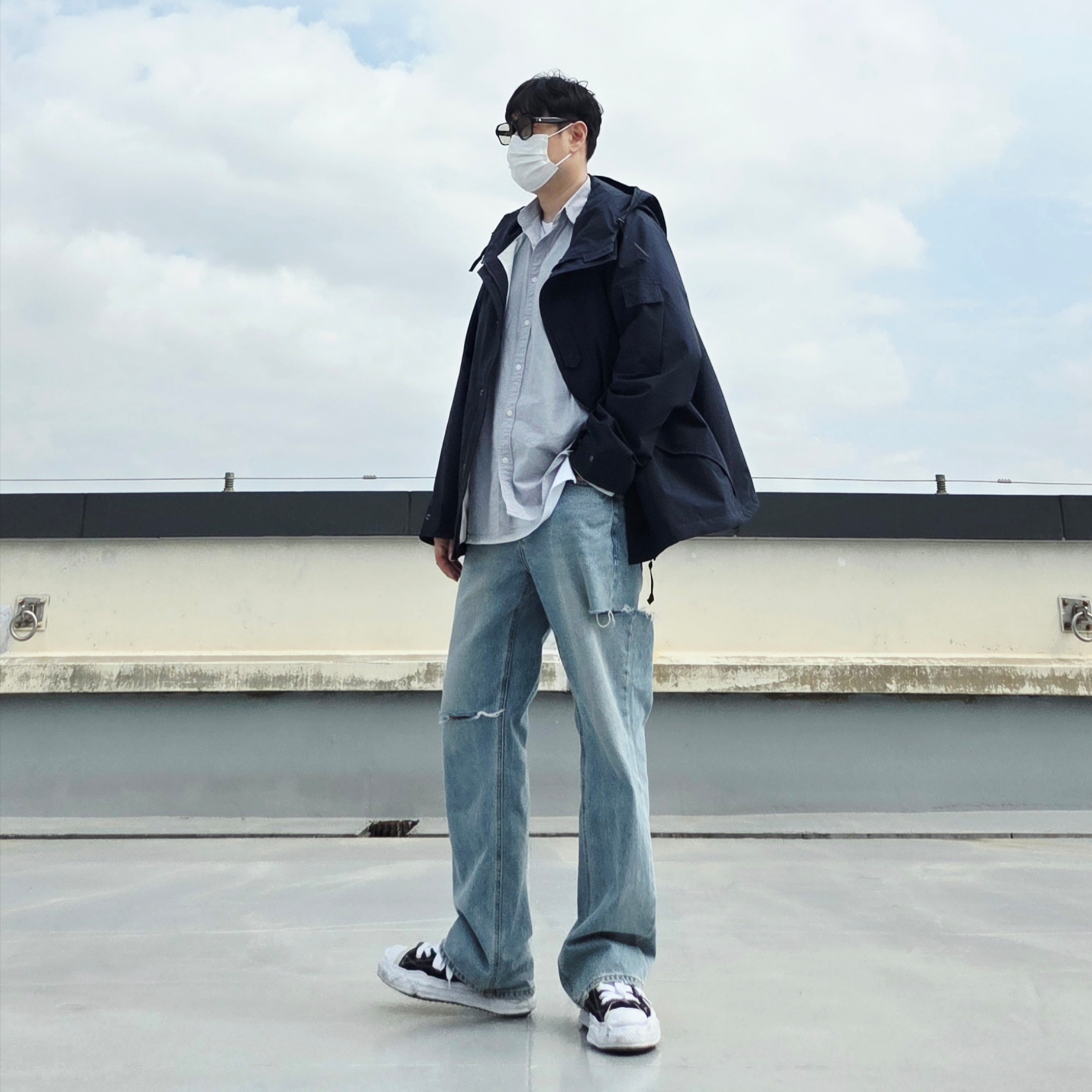 Nanamica 2L Nylon Gore-Tex Cruiser Jacket Navy, Maison Mihara Yasuhiro Hank OG Sole Canvas Low-top Sneakers Black 착용 스타일 - 2