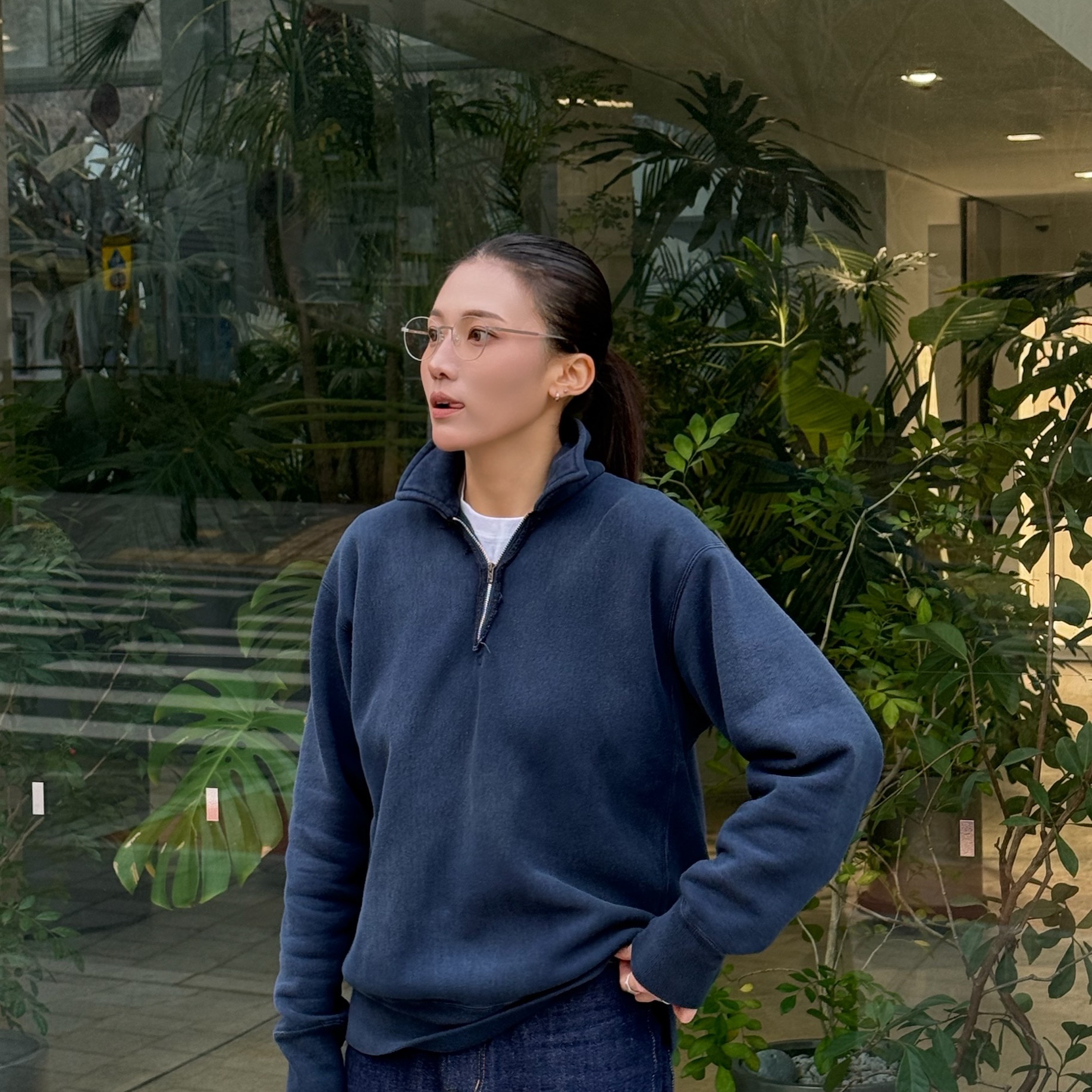 A.Presse Vintage Light Weight Half Zip Sweatshirt Navy - 26SS 착용 스타일 - 2