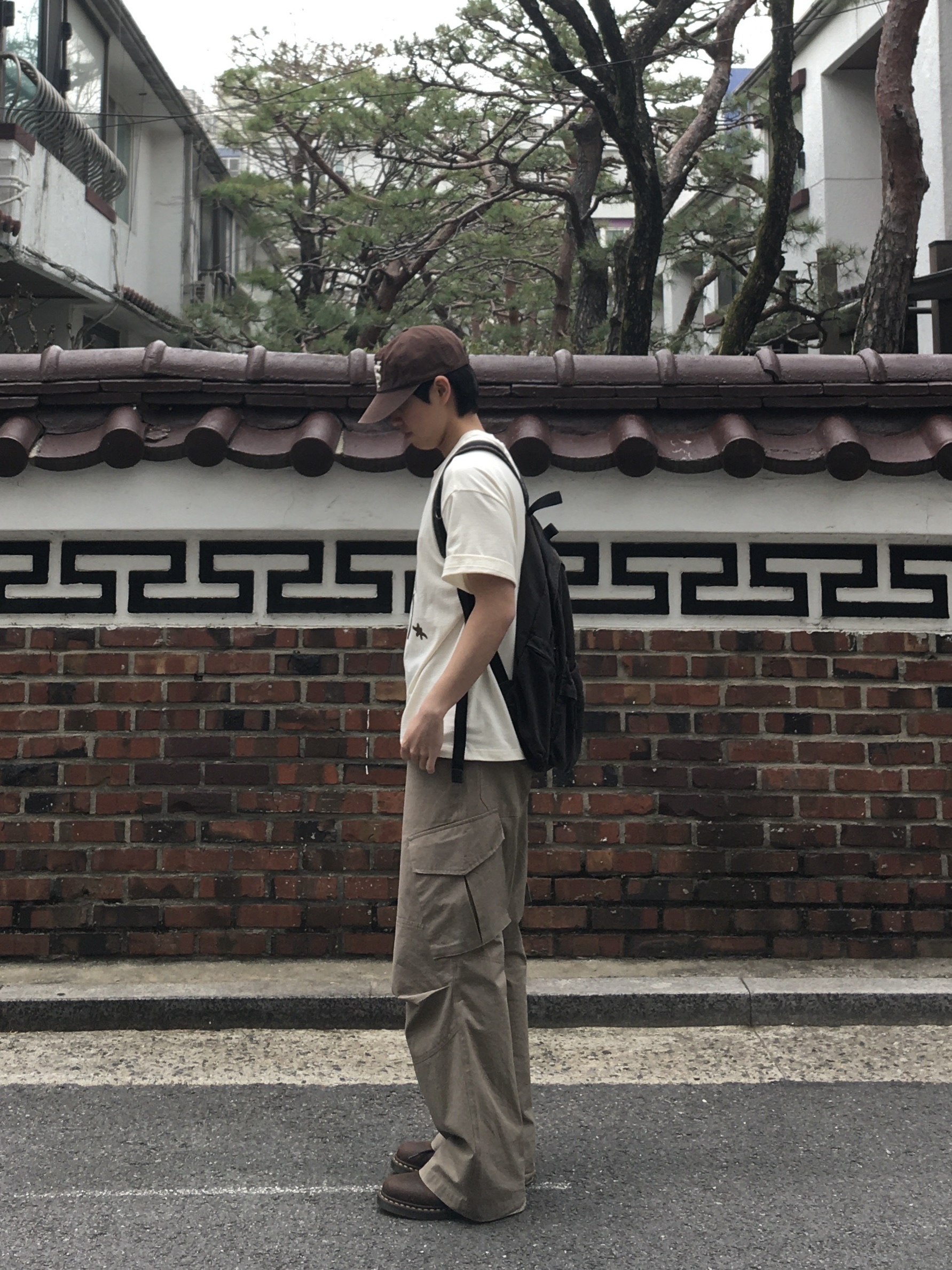 Sunday Ceremony Sy Logo 5 Panel Cotton Cap - Brown, Dr. Martens 1461 Crazy Horse Dark Brown 착용 스타일 - 2