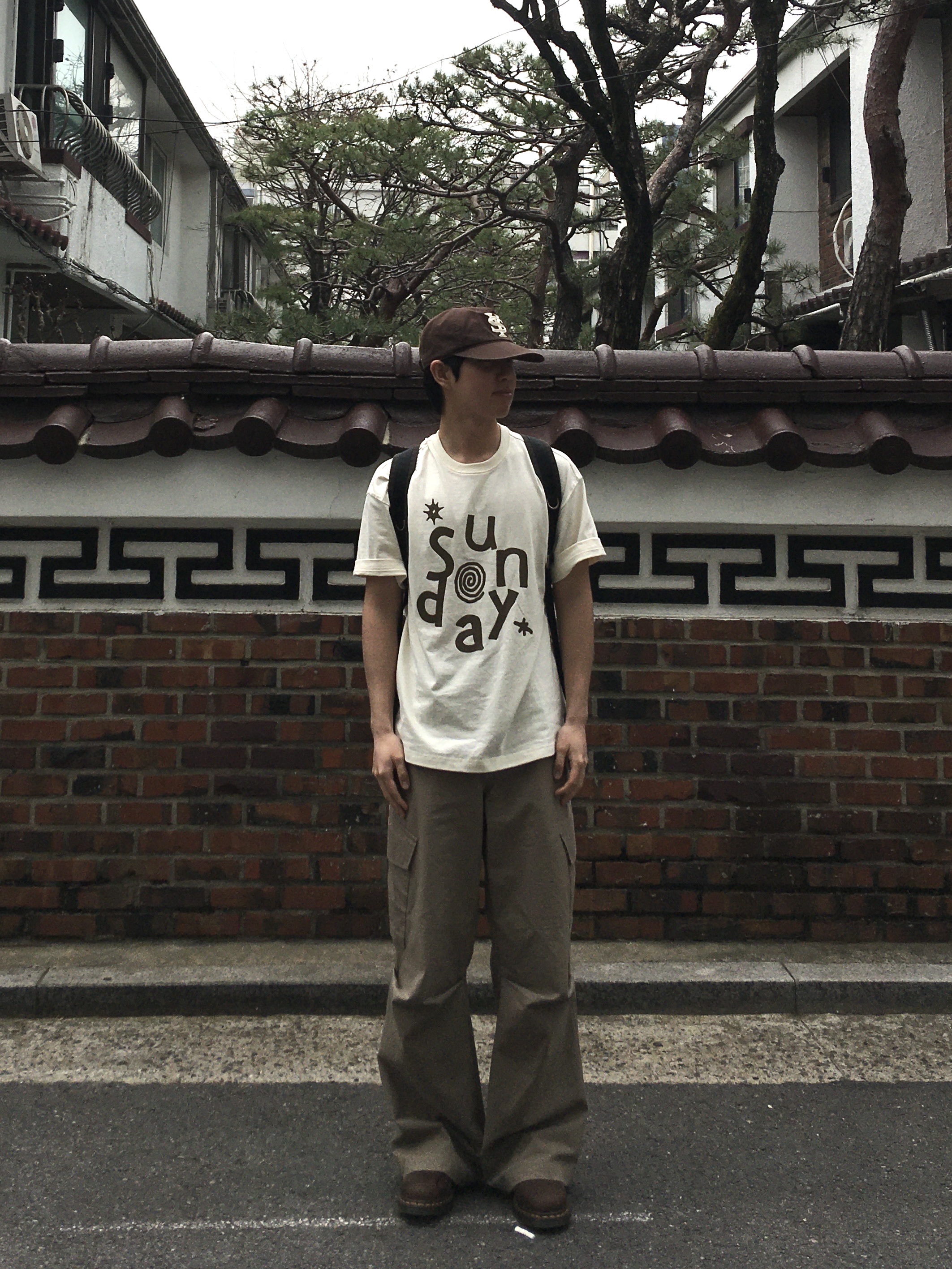 Sunday Ceremony Sy Logo 5 Panel Cotton Cap - Brown, Dr. Martens 1461 Crazy Horse Dark Brown 착용 스타일 - 1