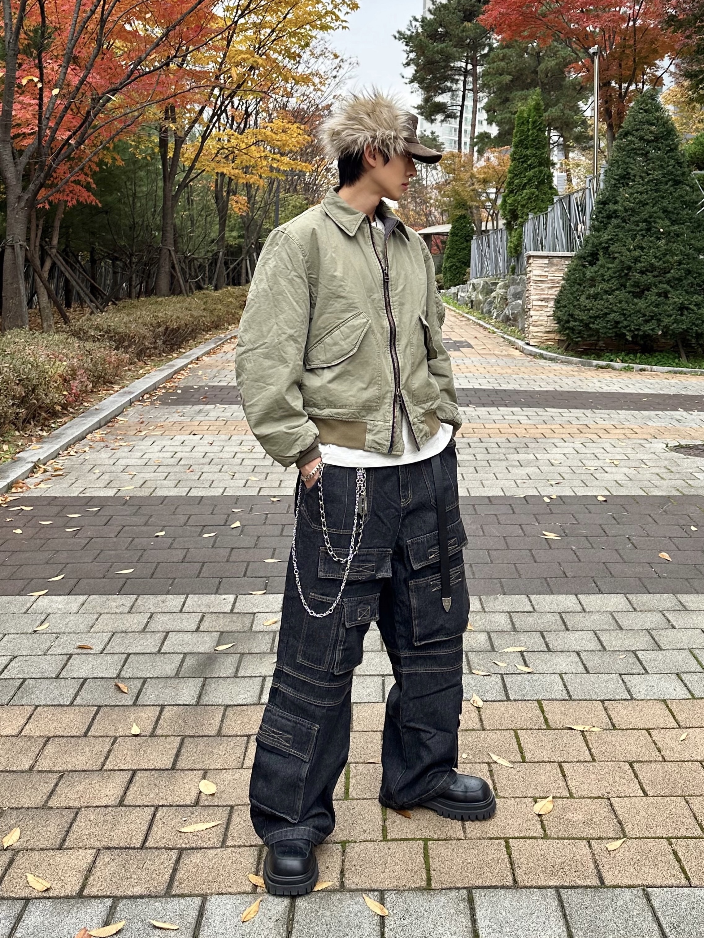 Open Yy Faux Fur Corduroy Earflap Cap Khaki 착용 스타일 - 3
