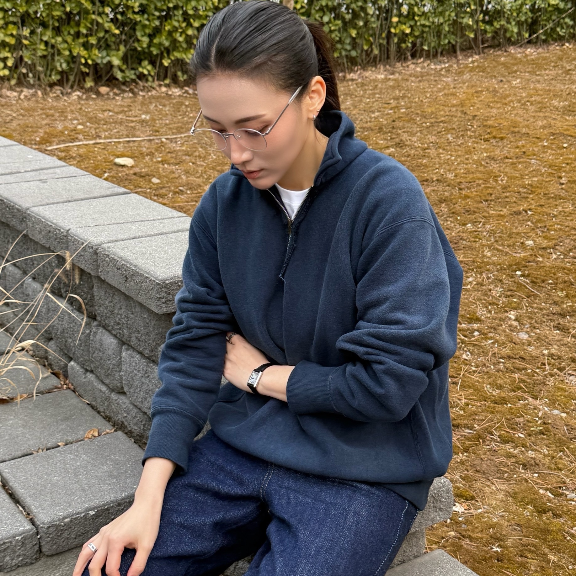 A.Presse Vintage Light Weight Half Zip Sweatshirt Navy - 26SS 착용 스타일 - 4