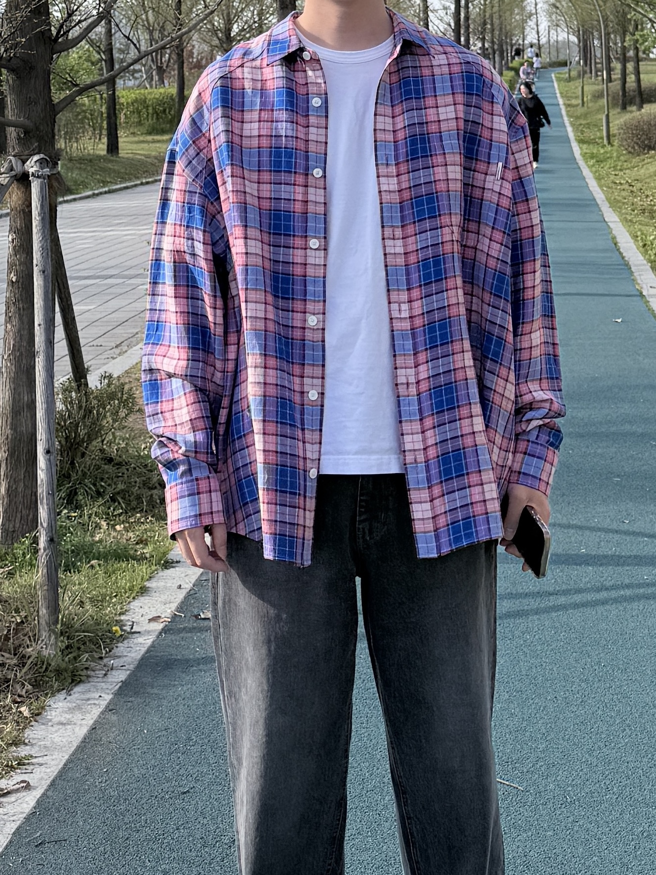 Juun.J Sundown Linen Check Loose Fit Shirt Pink - 26SS 착용 스타일