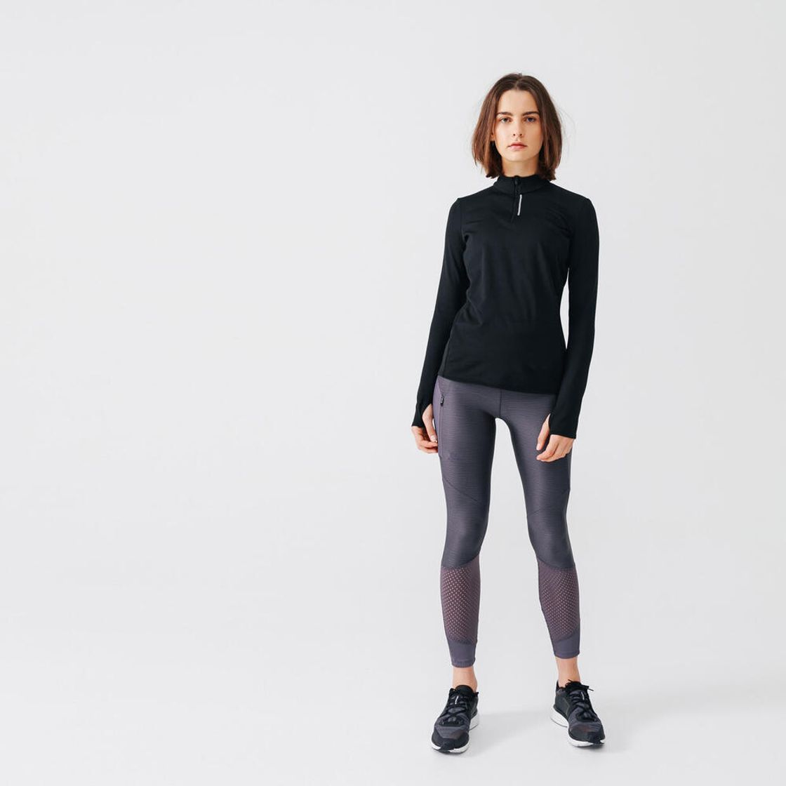 데카트론 여성 하프집 러닝 긴팔 티 런 웜 100 스모크 블랙(DECATHLON Women's Half-Zip Running Long-Sleeved T-Shirt Run Warm 100 Smoked Black) - 4