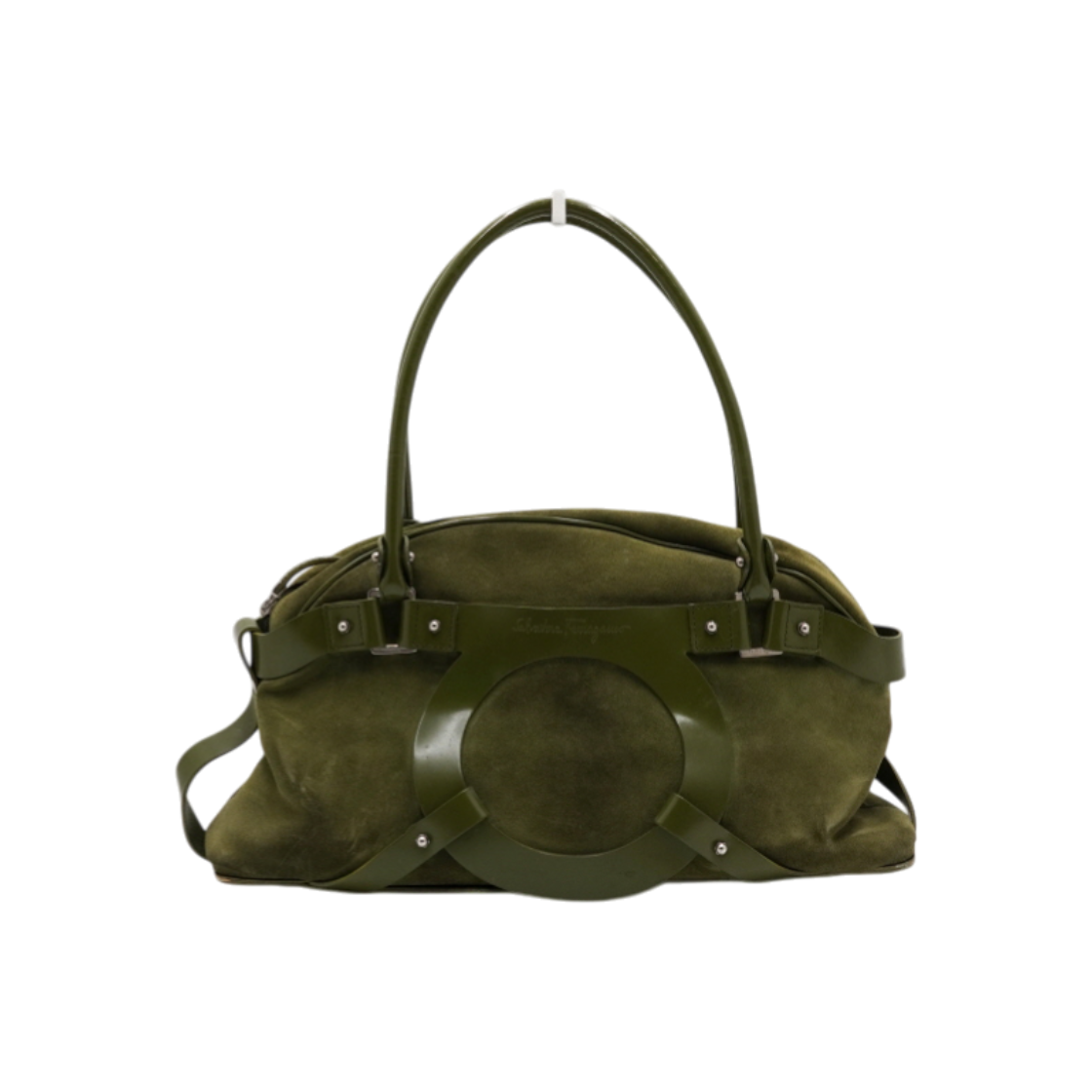 페라가모 21-5834 그린 스웨이드 간치니로고 레더 볼링 여성 토트백aa62197(Ferragamo Green Suede Gancini Logo Leather Bowling Tote Bag) - 1