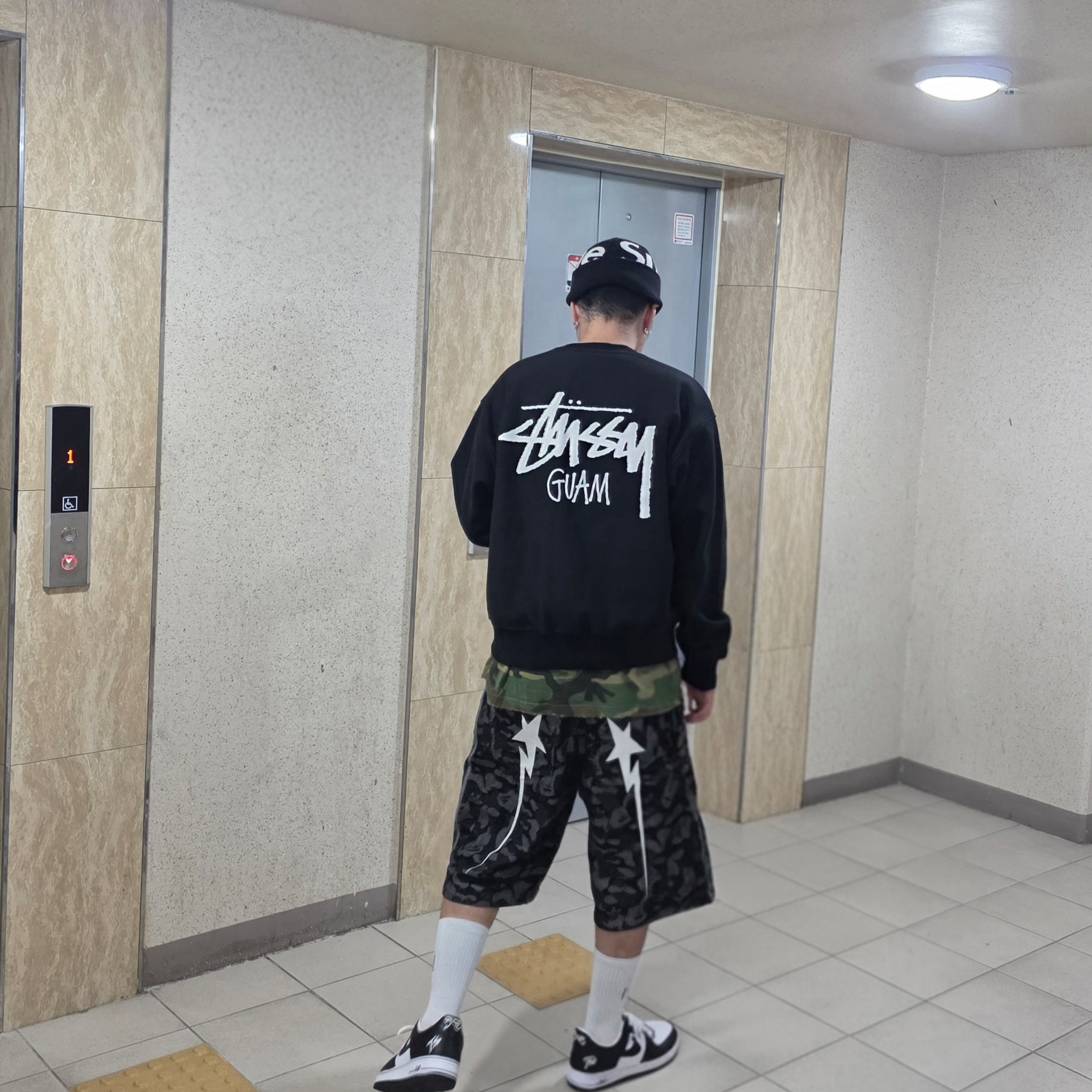 Adidas x BAPE Shark Denim Shorts Black - KR Sizing, Supreme Big Logo Beanie Black 착용 스타일