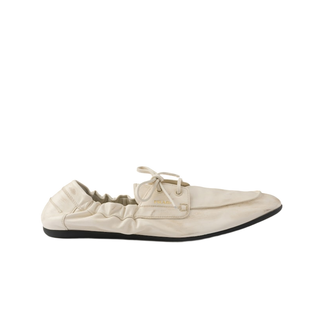 1E434O-070-F0K74 (W) Prada Shuffle Antiqued Leather Boat Shoes Chalk White