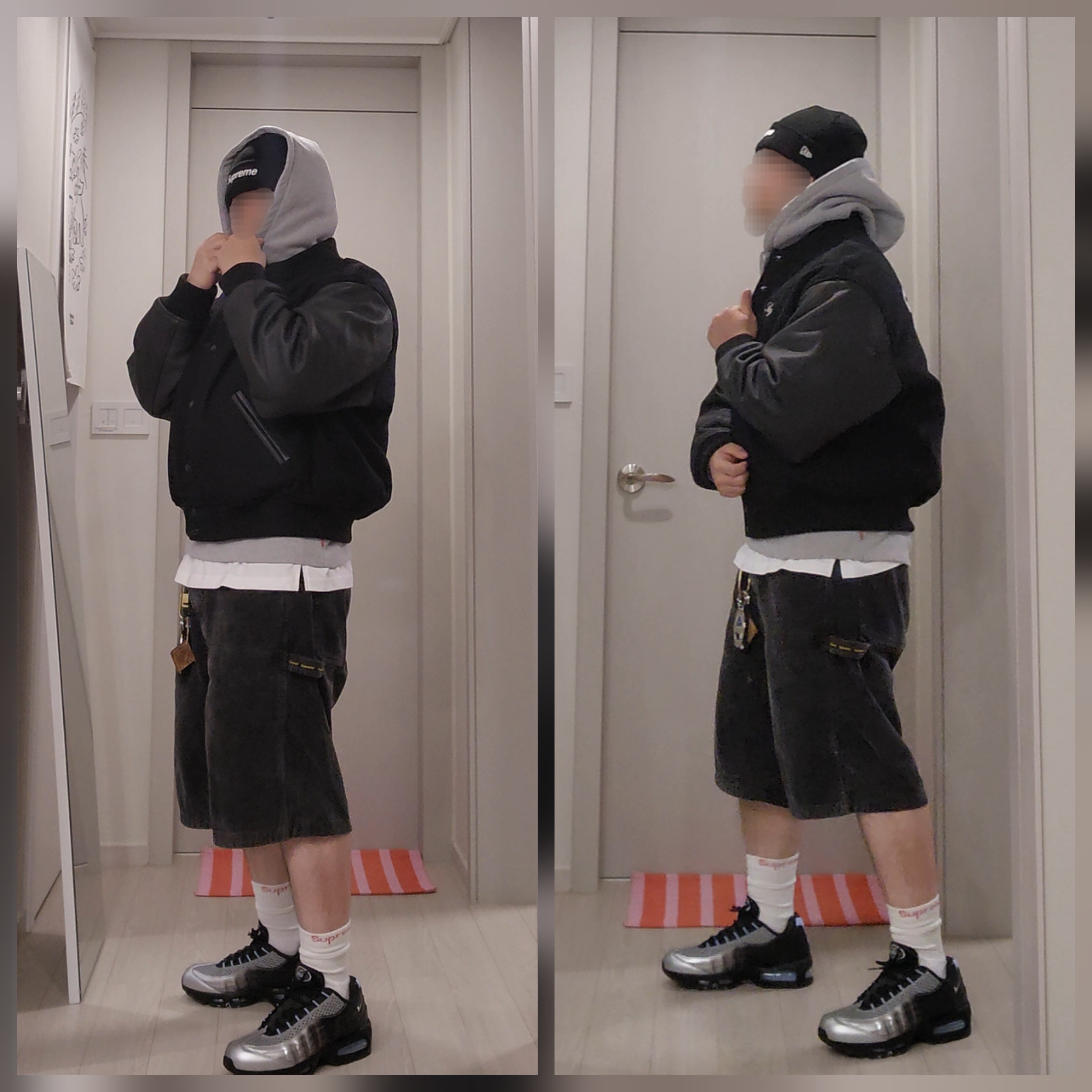 Supreme Cross Varsity Jacket Black - 26SS, Supreme Box Logo Hooded Sweatshirt Heather Grey - 25FW 착용 스타일 - 2