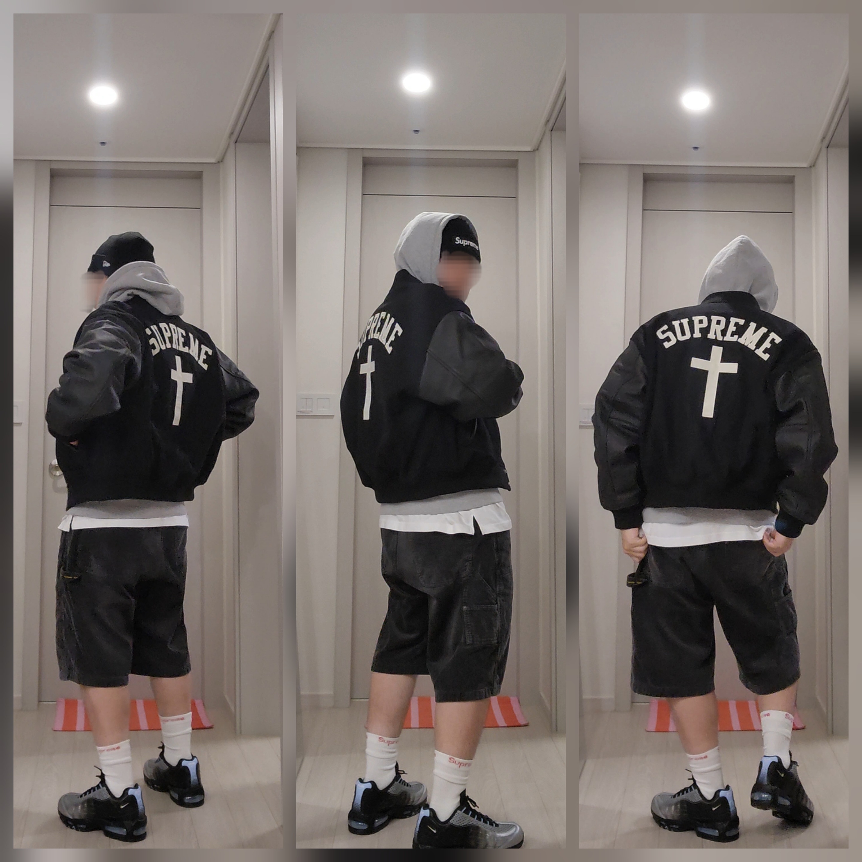 Supreme Cross Varsity Jacket Black - 26SS, Supreme Box Logo Hooded Sweatshirt Heather Grey - 25FW 착용 스타일 - 3