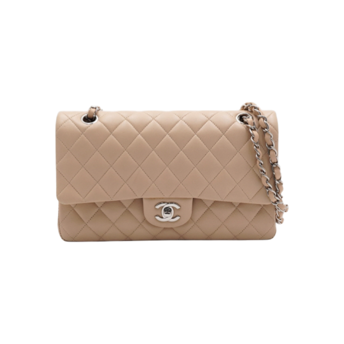 ITDSW6WEKA6Q Chanel Beige Lambskin Classic Medium Silver Chain Shoulder Bag