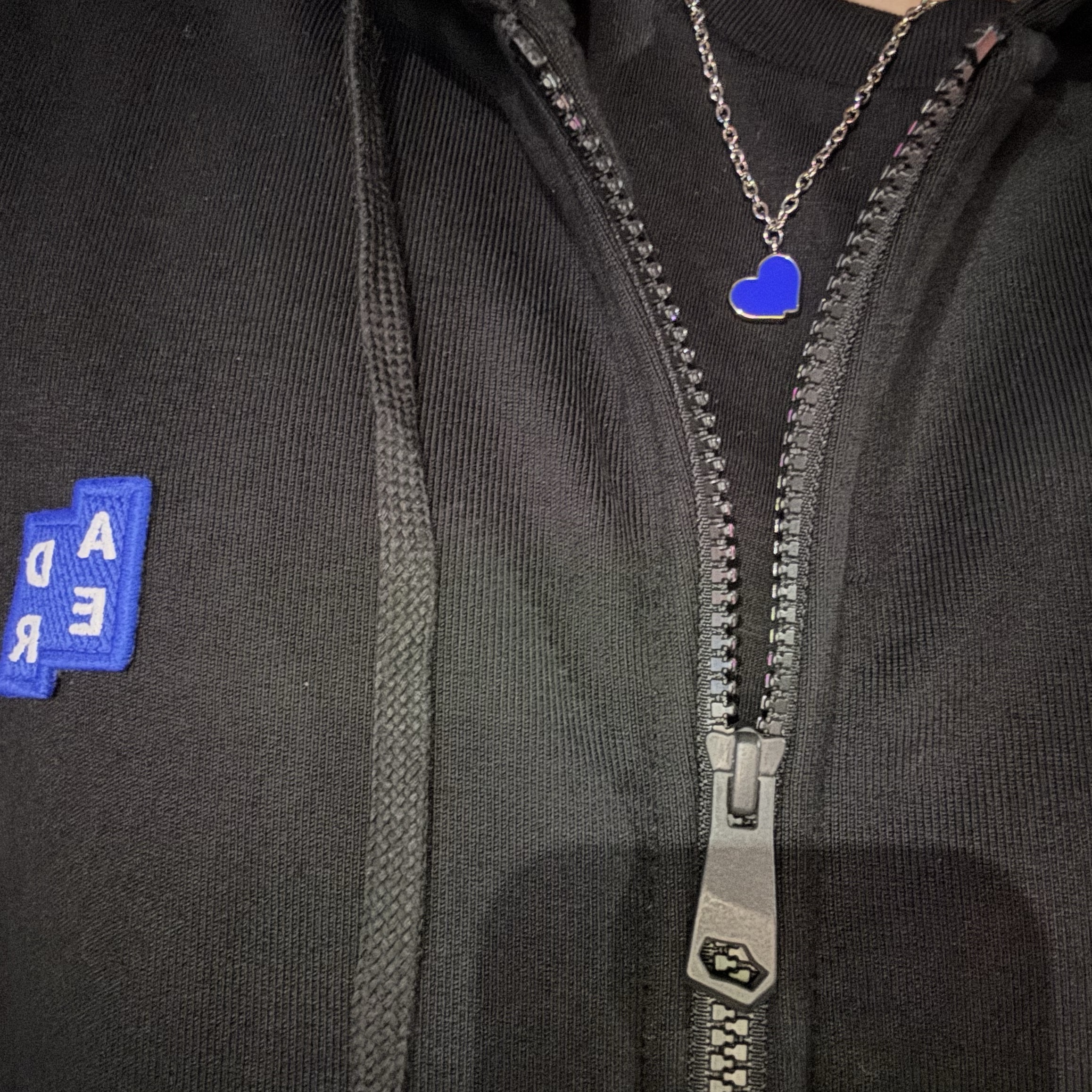 Ader Error Twin Heart Necklace Silver, Ader Error Sig; TRS/BL Tag Hoodie Zip-Up 01 Black 착용 스타일